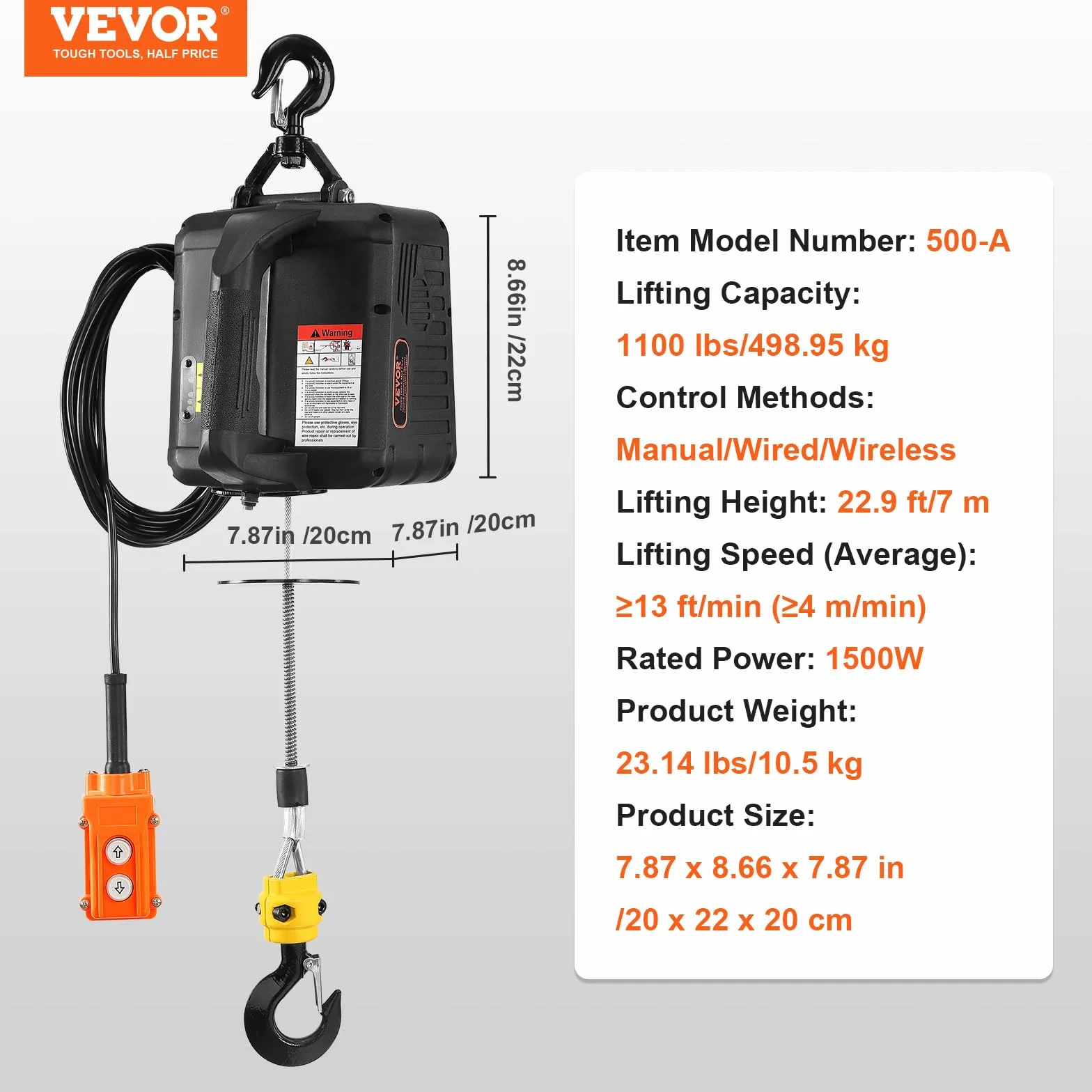 VEVOR Wciągarka elektryczna 3 w 1, udźwig 498,95 kg, prędkość podnoszenia ≥ 4 m/min, wciągarka silnikowa 7 m, wysokość podnoszenia 1500 W, 3 tryby sterowania, ręczny/przewodowy/bezprzewodowy