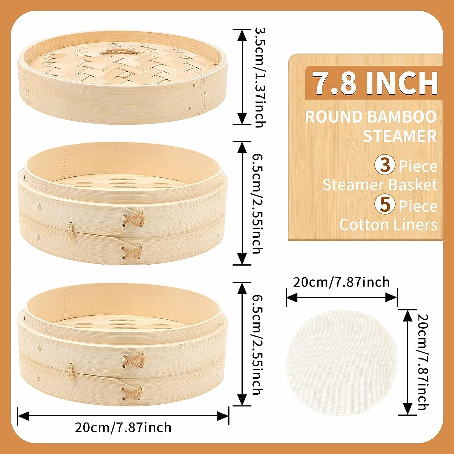 Parownica Bamboo 20 cm, 2 zwierzęta, bambusowy parownik do ryżu, sum, warzyw, ryb i mięsa – urządzenie do przygotowywania pierogów z 5 bawełnianymi ściereczkami