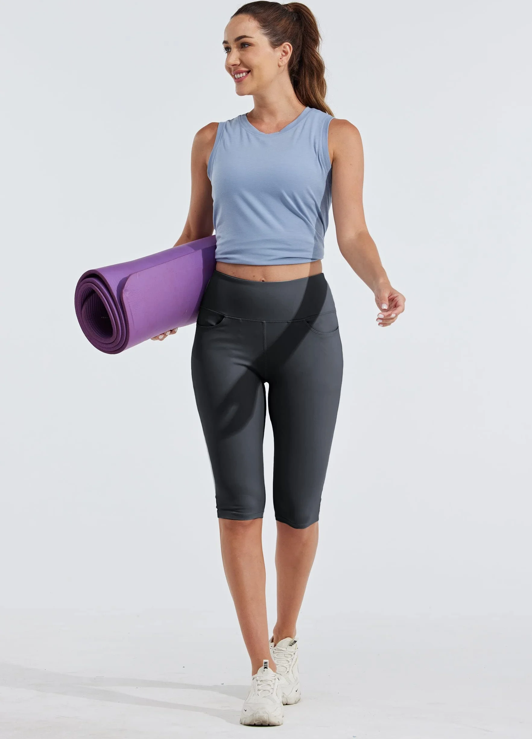 WILLIT Damskie legginsy do kolan Capri z kieszeniami, wysoka talia, spodnie Capris, na lato, do jogi