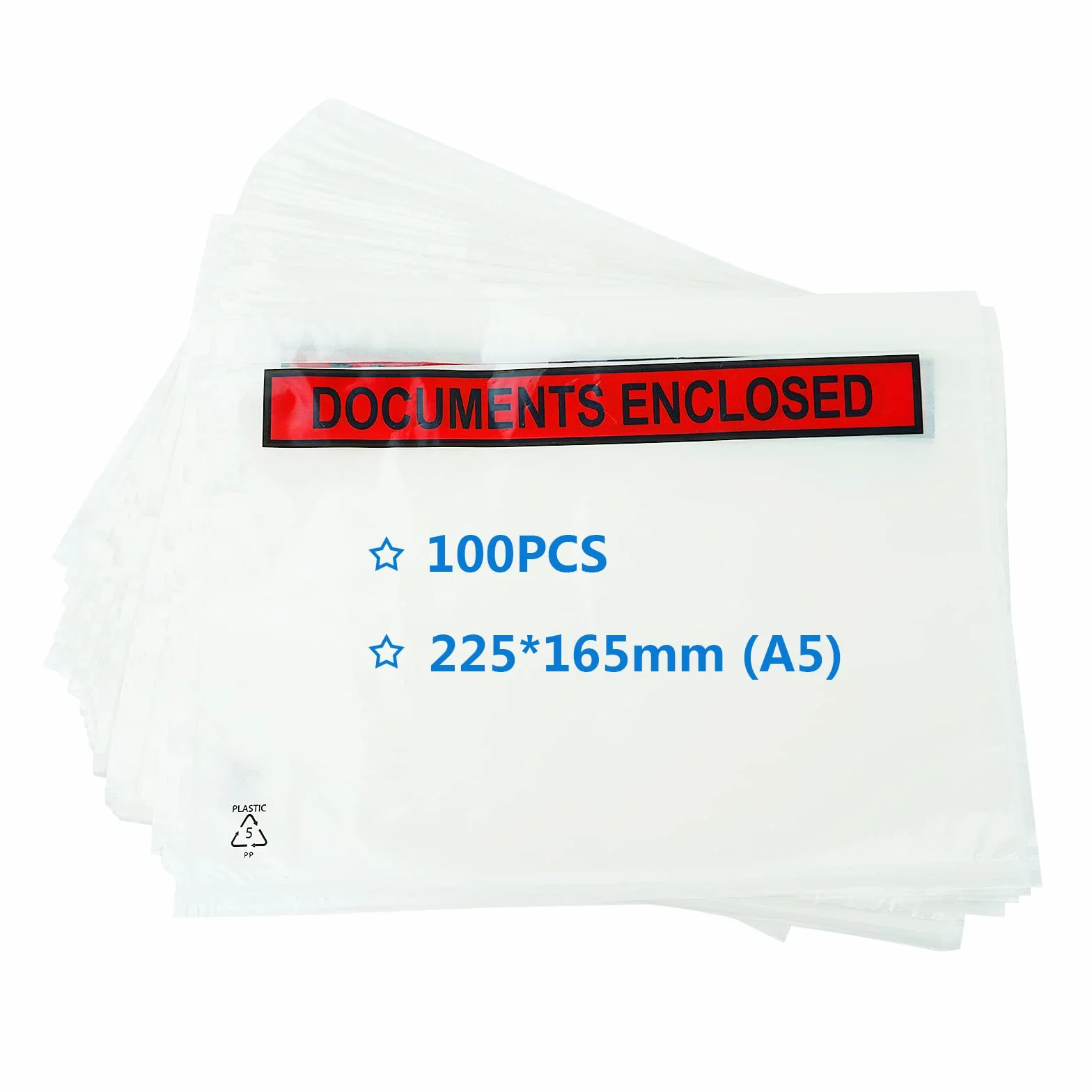 Koszulki na dokumenty A5 z nadrukiem, 225 x 165 mm, odpinane i zamykane koperty z przezroczystego tworzywa sztucznego, koperty, torby, portfele do mocowania rachunków, listy pakowania (100 sztuk)