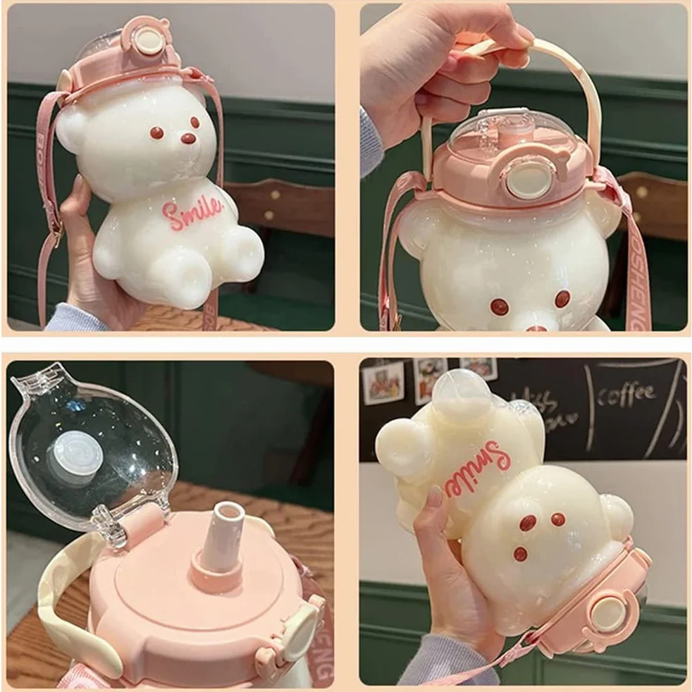 Kawaii Niedźwiedź słomkowa butelka przenośna kreskówkowa butelka na wodę dla dzieci ze słomką i pętlą do przenoszenia, regulowany pasek na ramię dla dziewczynki, uroczy sok, herbata, kubki na wodę