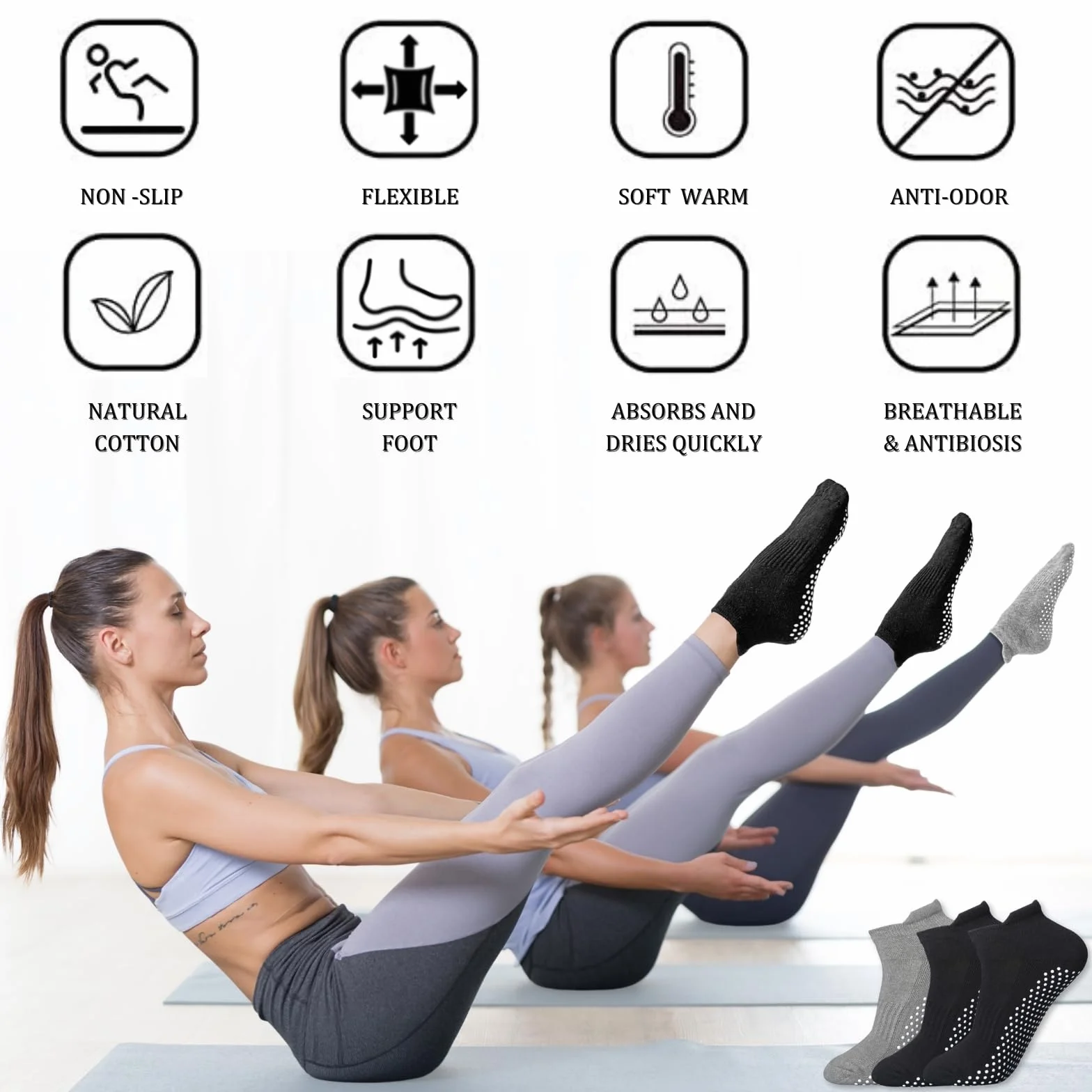 3 pary skarpet do jogi antypoślizgowe skarpety do pilatesu dla kobiet i mężczyzn oddychające bawełniane skarpetki do baletu szpitala tańca w domu fitness pełne palce kostki antypoślizgowe