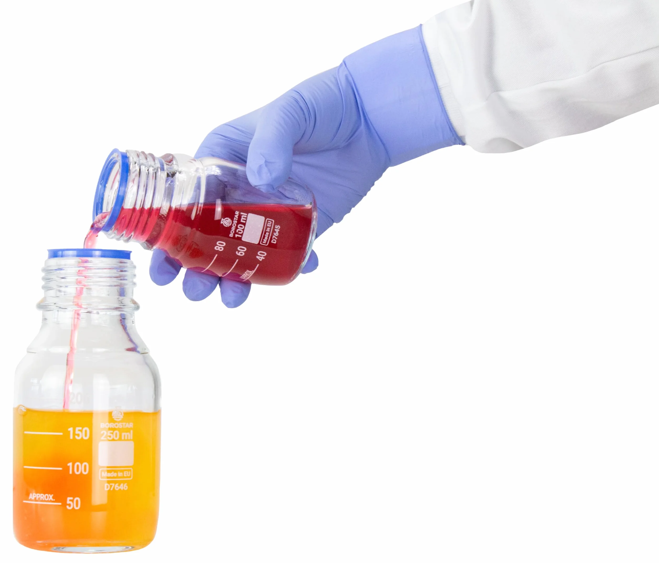 Butelka laboratoryjna (Boro 3.3), GL45, z zakrętką i pierścieniem do nalewania PP, niebieska, 1000 ml