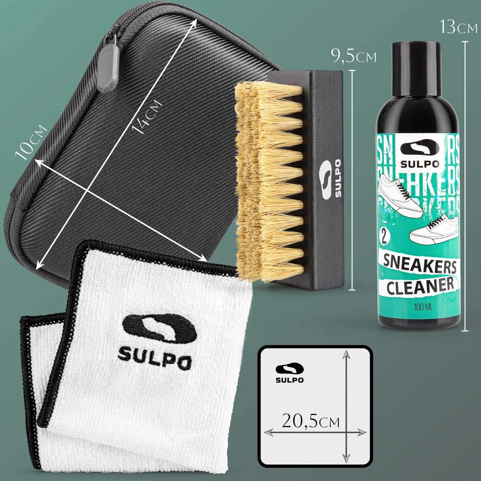 SULPO zestaw do czyszczenia sneakersów – pH-neutralny środek, szczotka i ściereczka z mikrofibry; delikatny dla skóry, zamszu, canvasu i siatki