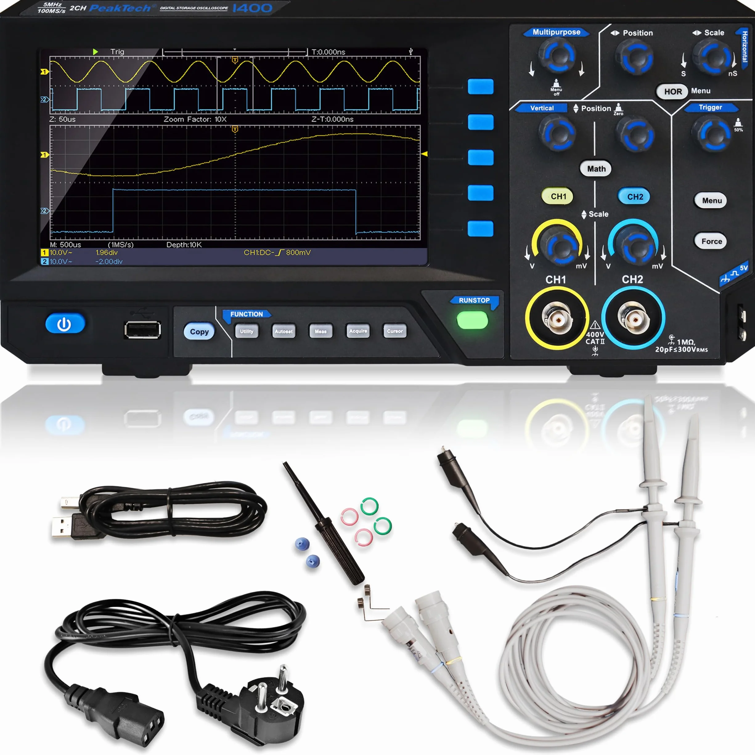 PeakTech 1400 - Kompaktowy oscyloskop cyfrowy, 2-kanałowy, Oscyloskop, szerokość pasma 5 MHz, szybka częstotliwość próbkowania 100 MS/s, złącze USB, w zestawie oprogramowanie PC, wyświetlanie XY i