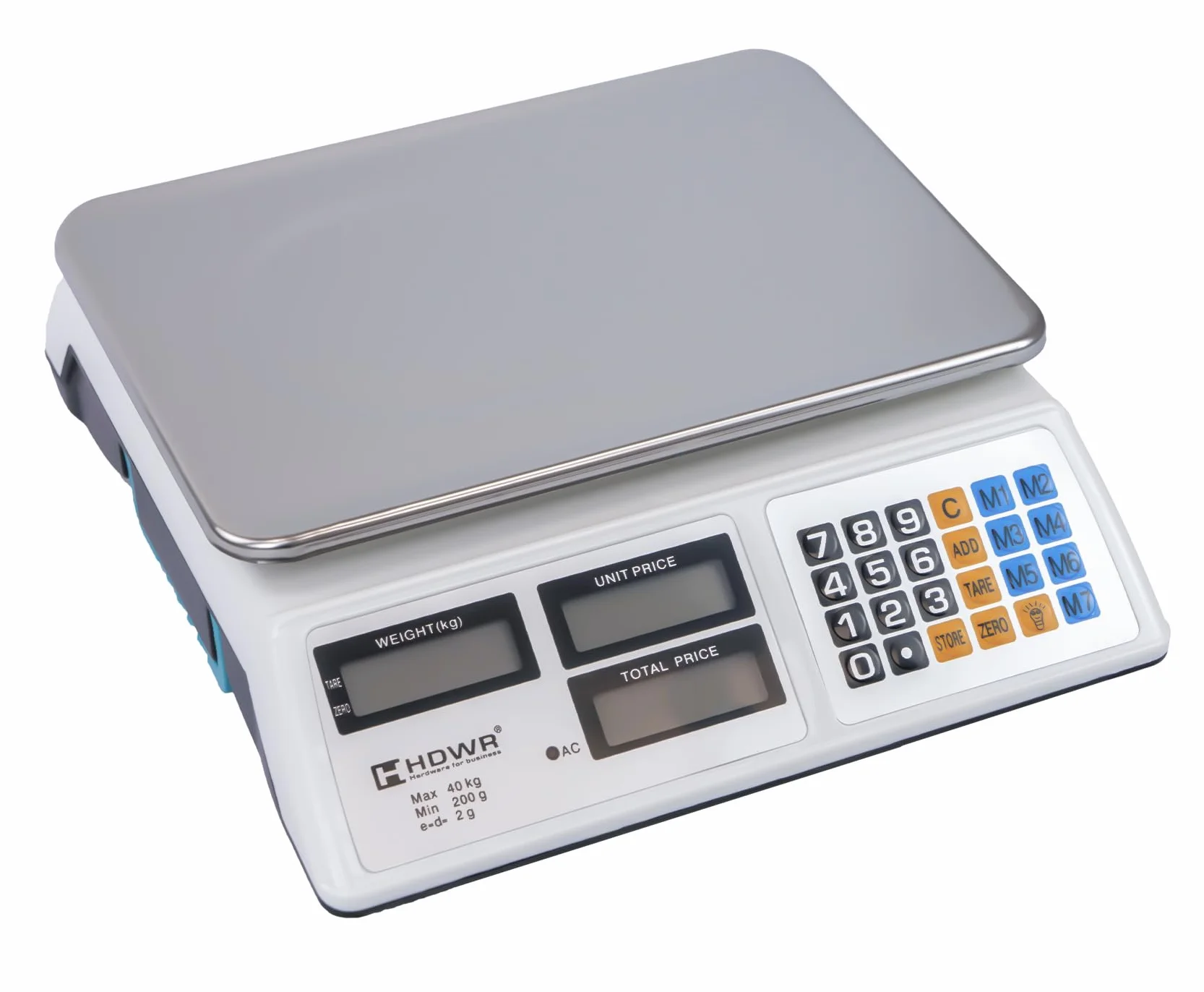 Waga sklepowa, Elektronika, Wyświetlacz cyfrowy, Pojemność ładowania do 40 kg, 3 wyświetlacze, Wymiary platformy 32 x 23 cm, Waga tara, Dokładność 2 gramów, HDWR wagPRO-S40
