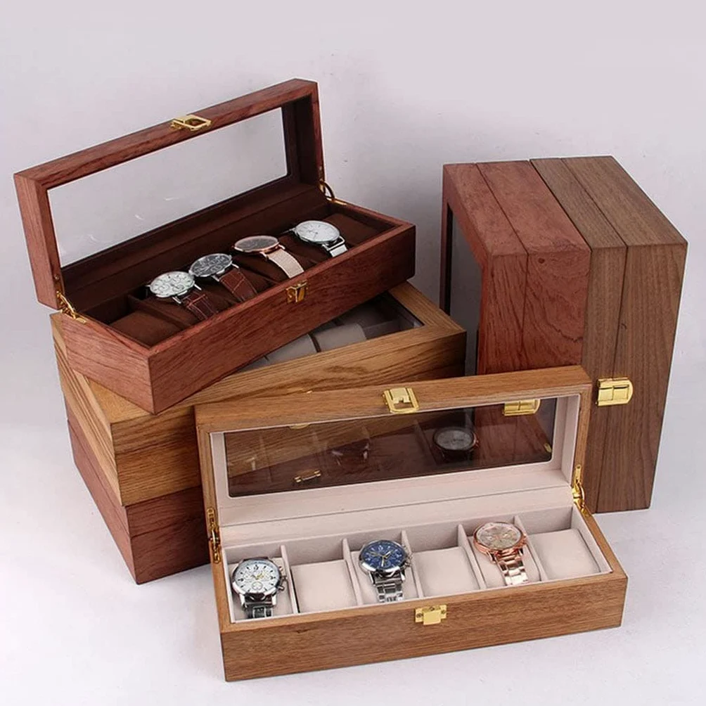 Pudełko na Zegarki Szkatułka na Zegarki Drewniane Pudełko Na Zegarek Case Organizer Uchwyt Na Zegarek Do Zegarków Mężczyźni Organizer Na Biżuterię Box 6 Slotów Drewniane Pudełko Z Przezroczystym Szkłe