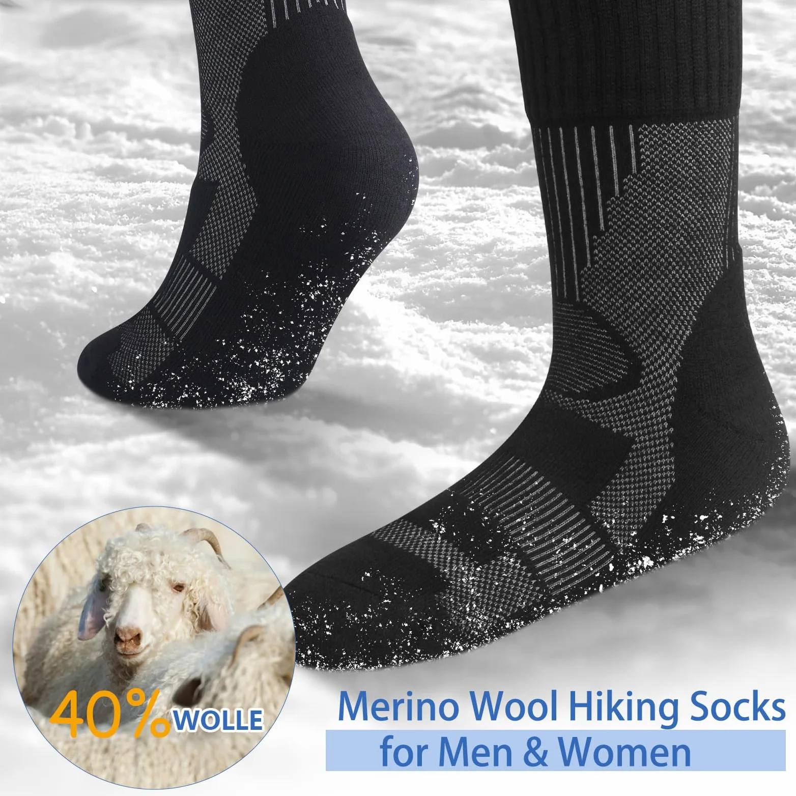 2 pary skarpet z wełny merino na wędrówki dla mężczyzn i kobiet, ciepłe skarpety na zimę, skarpety termiczne, skarpety zimowe, EU 39-43, czarne, 39-43