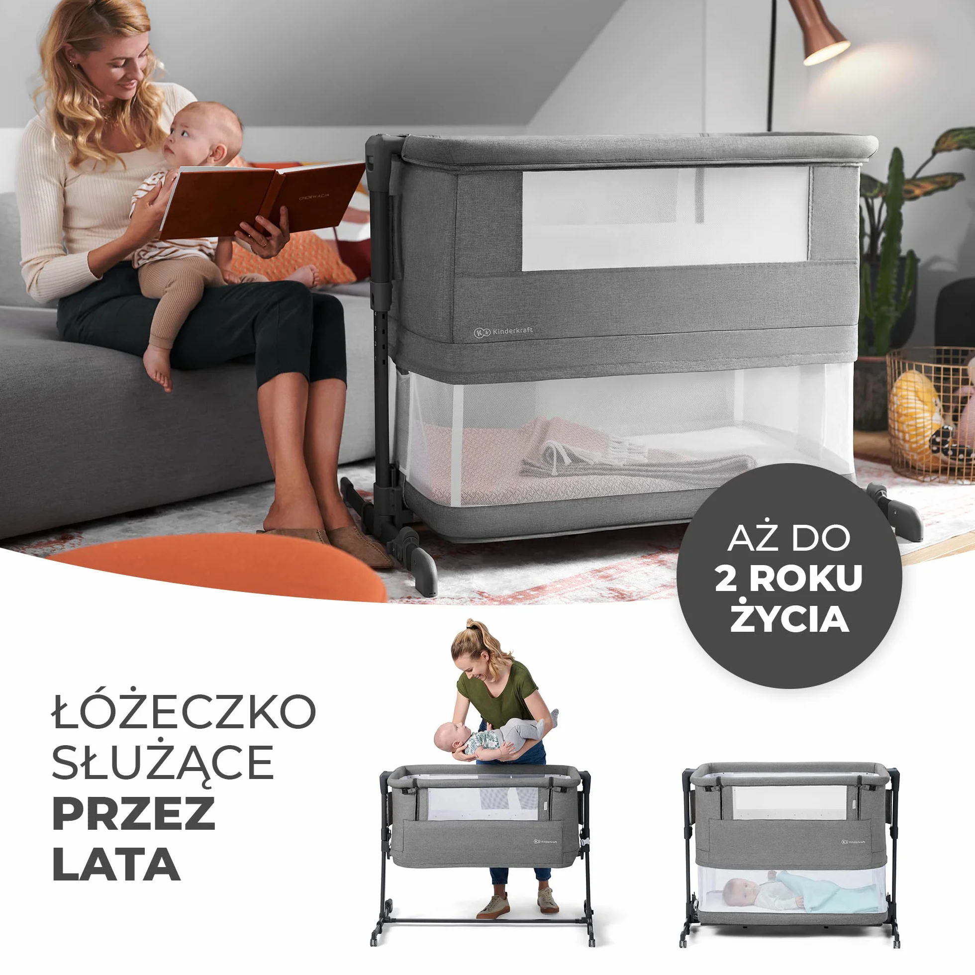 Kinderkraft NESTE GROW Łóżeczko dziecięce 3 w 1, Łóżeczko dostawne, Łóżeczko dla niemowlaków od urodzenia do 2 lat, Regulowana wysokość, Łatwy montaż, Materacyk i Torba w zestawie, Jasnoszary