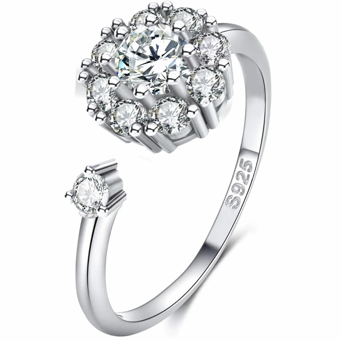 Pierścionek z moissanitem dla kobiet, diament lab-created 1,5CT, srebro 925 pokryte 18K białym złotem, regulowany otwarty pierścionek srebrny, pierścionek zaręczynowy, prezent biżuteryjny.