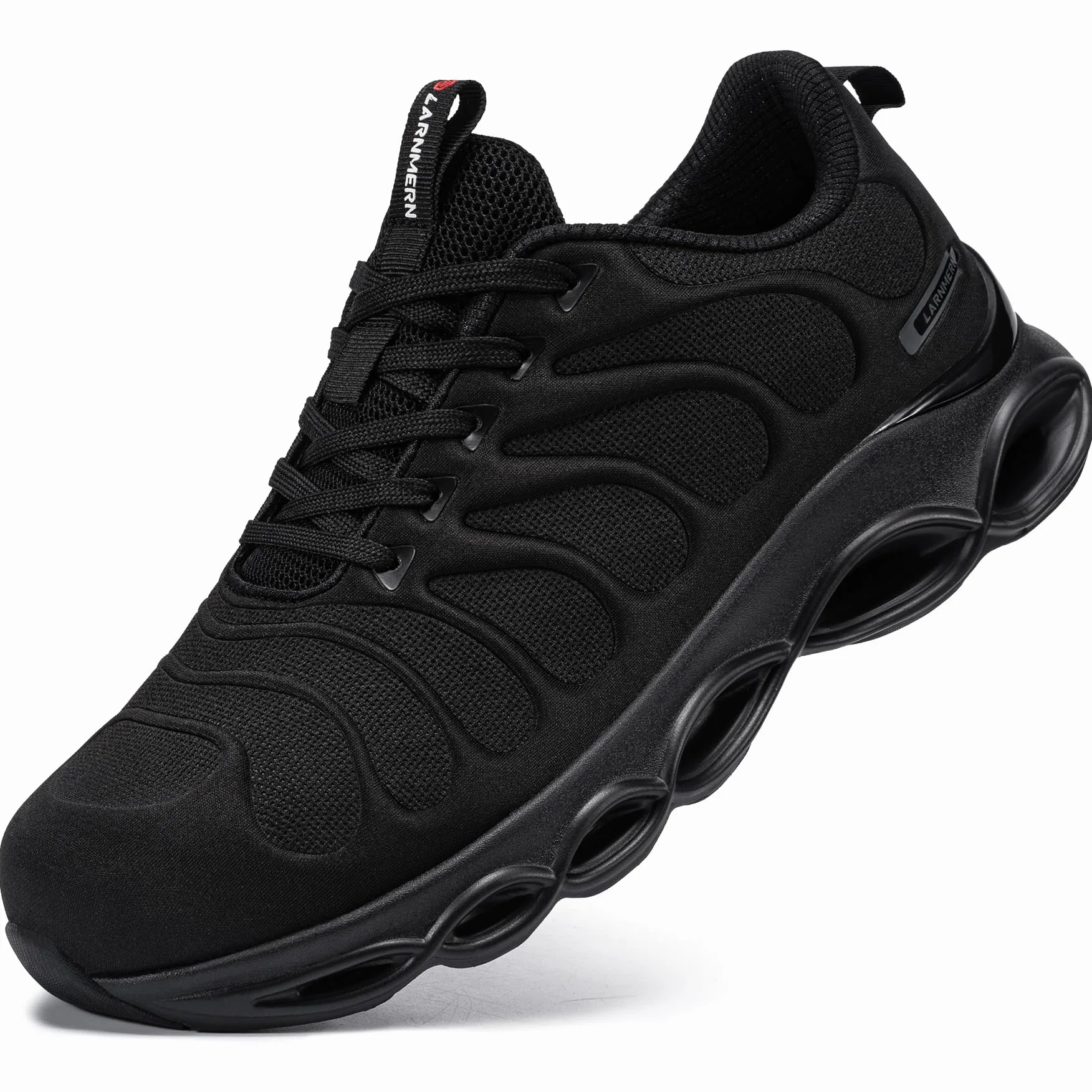 LARNMERN Buty ochronne, męskie, damskie, lekkie, antypoślizgowe, wygodne, amortyzujące, oddychające, modne, stalowe noski, buty robocze, czarny, 43 EU Weit