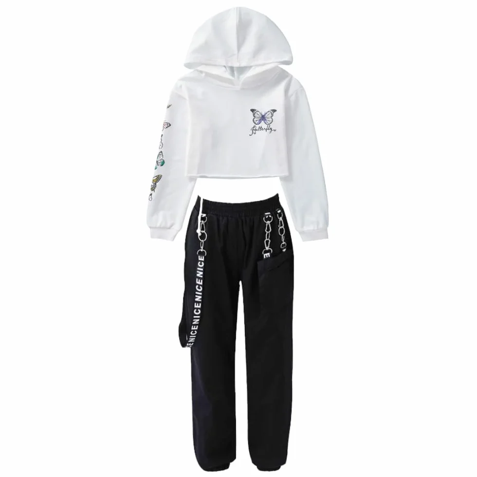 Barielle 10013 Dwuczęściowy strój hip-hopowy dla dzieci, bluza z kapturem z odkrytym brzuchem, spodnie cargo z łańcuszkiem, strój do tańca, 134-176