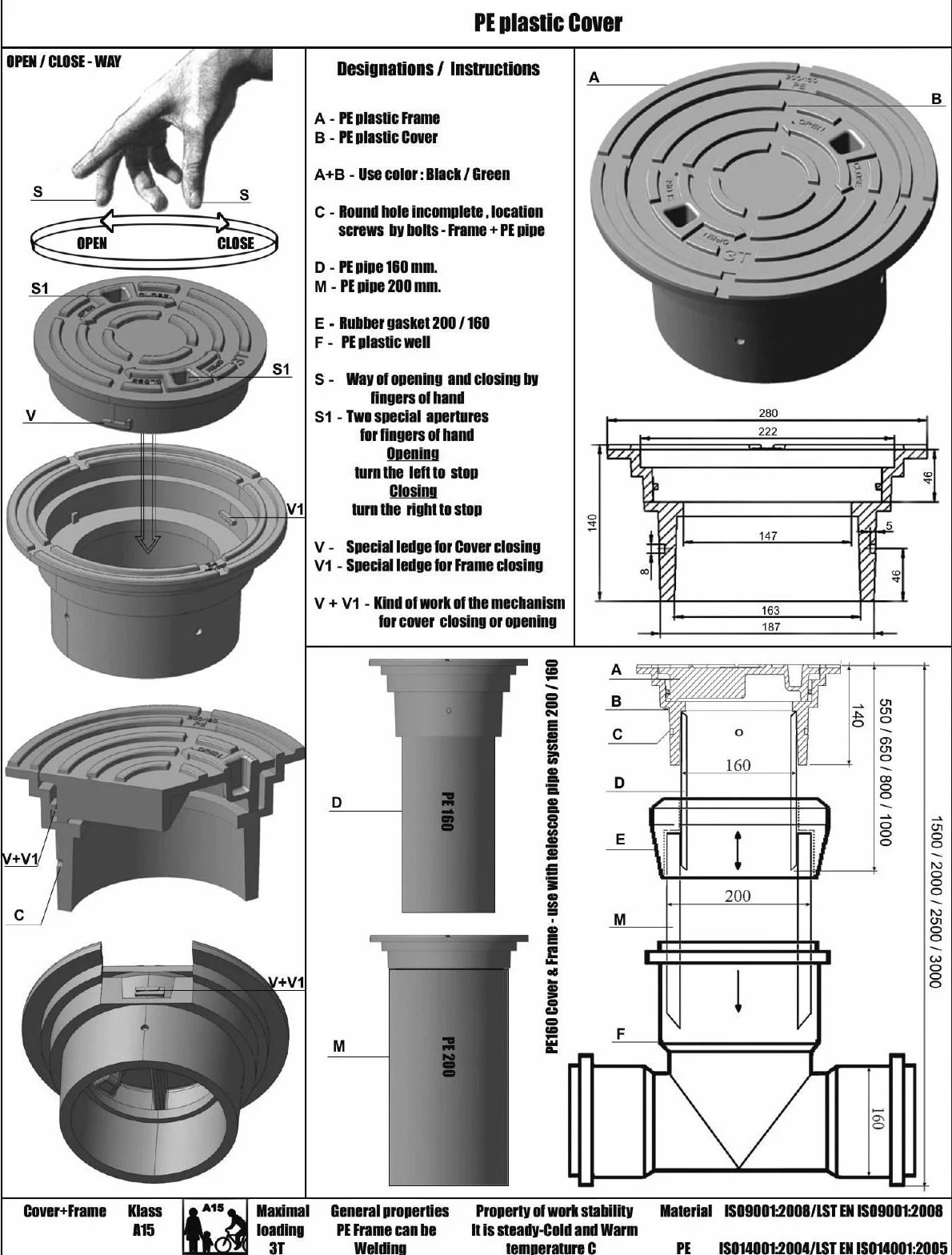 Varile DN160-DN200 adapter pokrywy włazu kontrolnego, czarna nasadka rury, pokrywa do rury pionowej, obciążenie do 3 ton