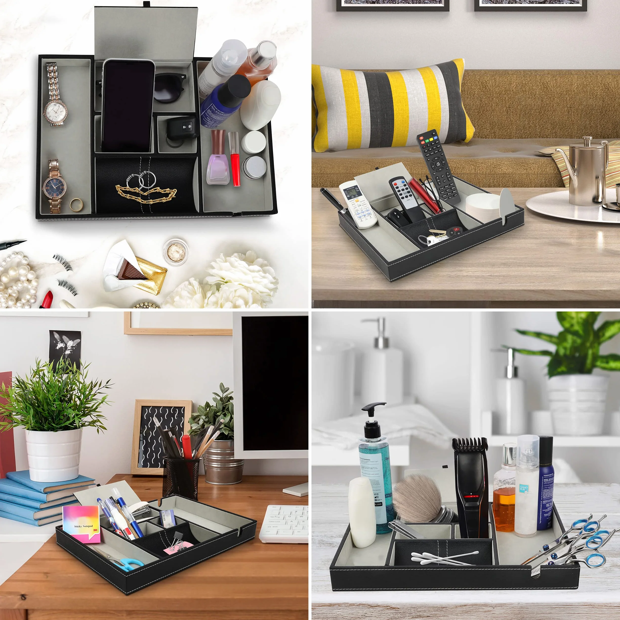 Belle Vous Organizer z 6 przegródkami, ze sztucznej skóry, tacka na biurko, na portfel, telefon, klucze, biżuterię, męskie akcesoria, pieniądze, spinki do mankietów, na stolik nocny, czarny