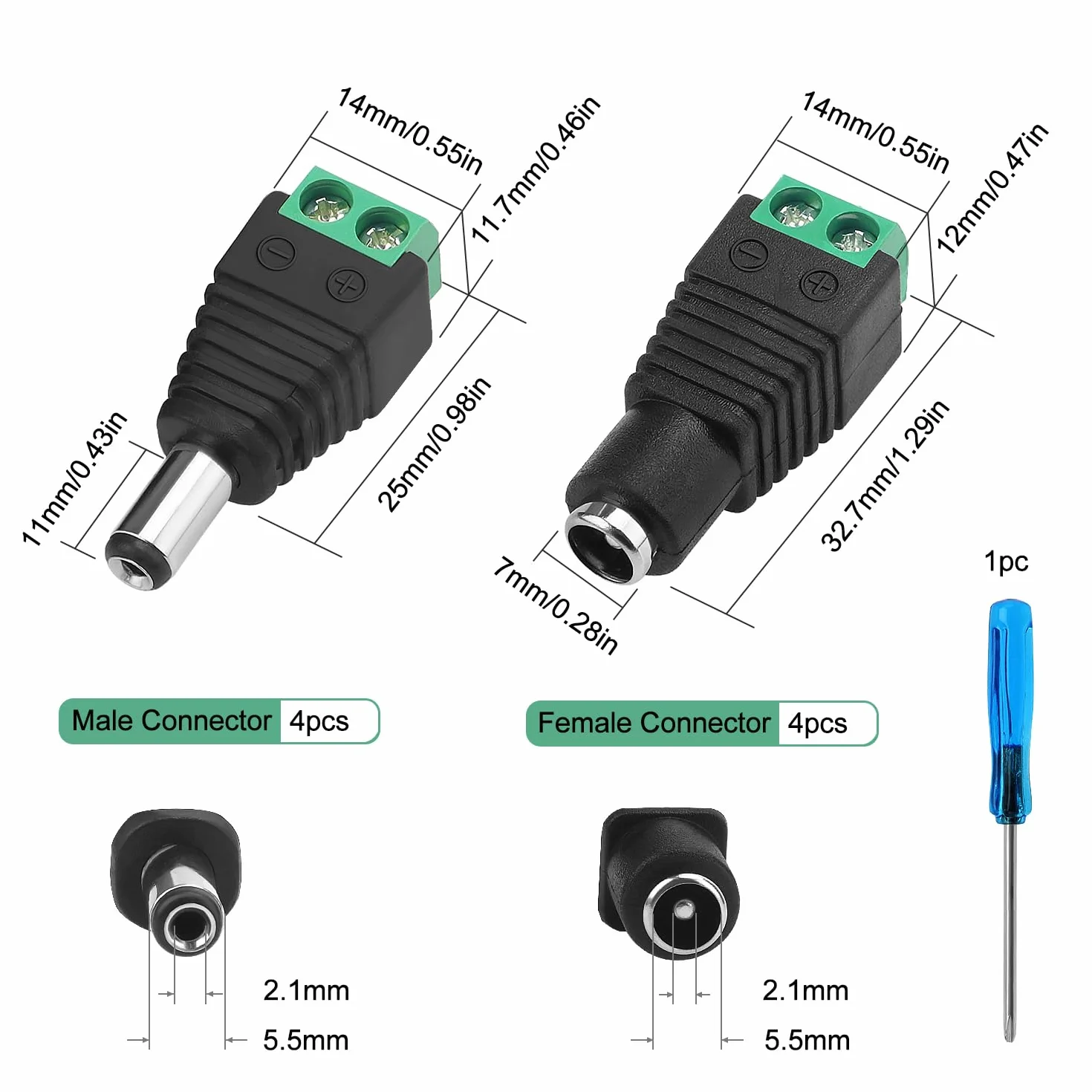 YIXISI 4 Par 5.5x2.1 mm 12V Męskie Żeńskie Złącze Zasilania Prądem Stałym, Złącze Wtykowe z Zaciskiem Śrubowym DC, Wtyk Adaptera Złącza Zasilania Jack DC, do Taśmy LED Kamery Monitoringu CCTV