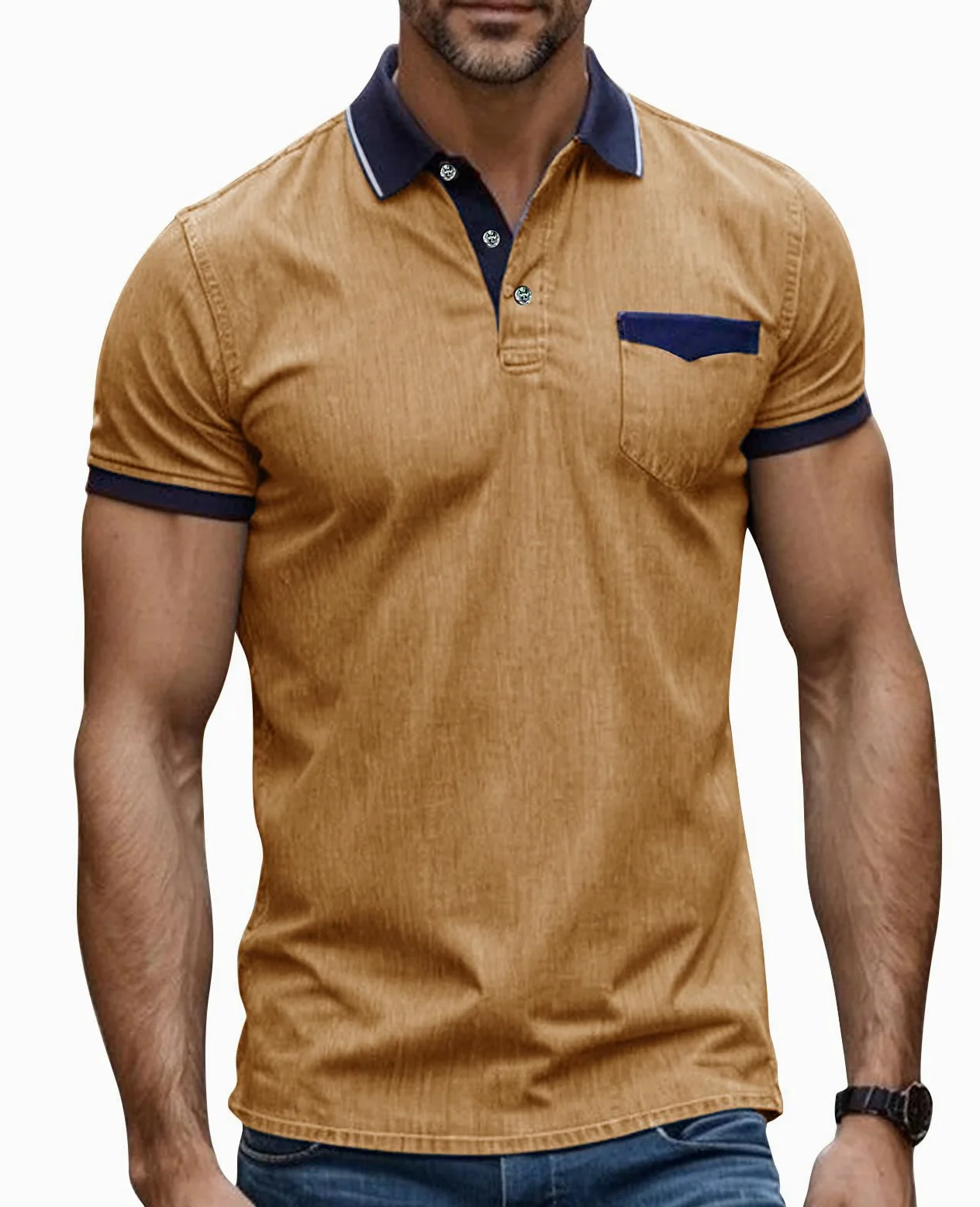 Suwangi Męska koszulka polo z krótkim rękawem, na czas wolny, na lato, kontrast modna, styl polo, klasyczny styl retro, z kieszenią