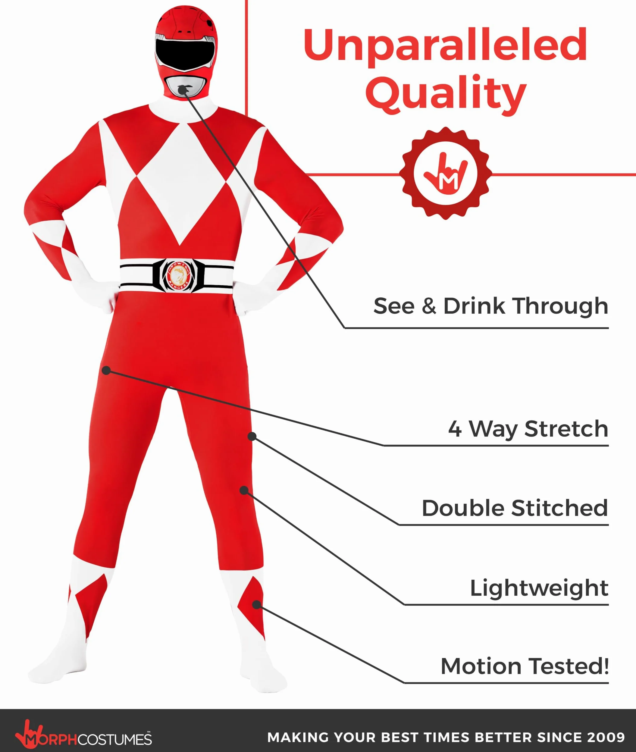 Morphsuits Oficjalny czerwony kostium Power Ranger dla dorosłych - XL (176 cm-185 cm), czerwony, XL