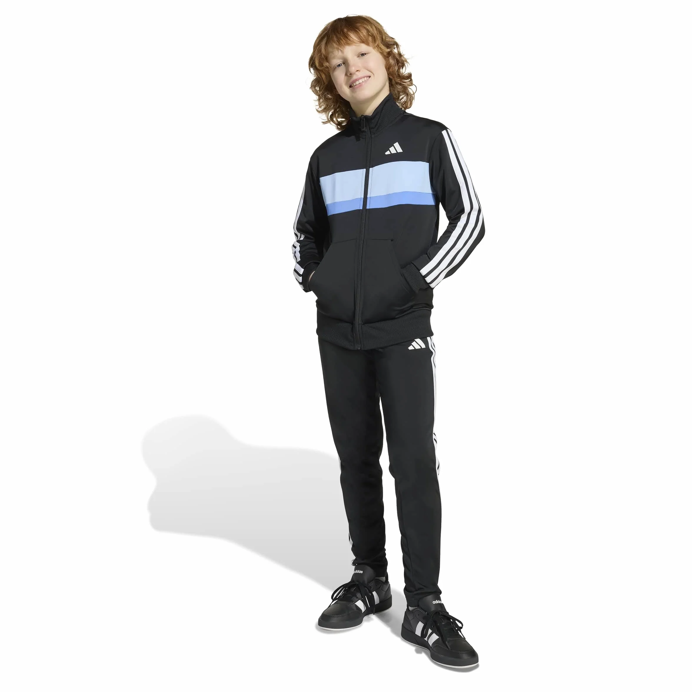 adidas Uniseks - dzieci SEASONAL ESSENTIALS TIBERIO 3 STRIPES TRICOT TRACKSUIT, black/glow blue/blue fusion/white, 9-10 Years