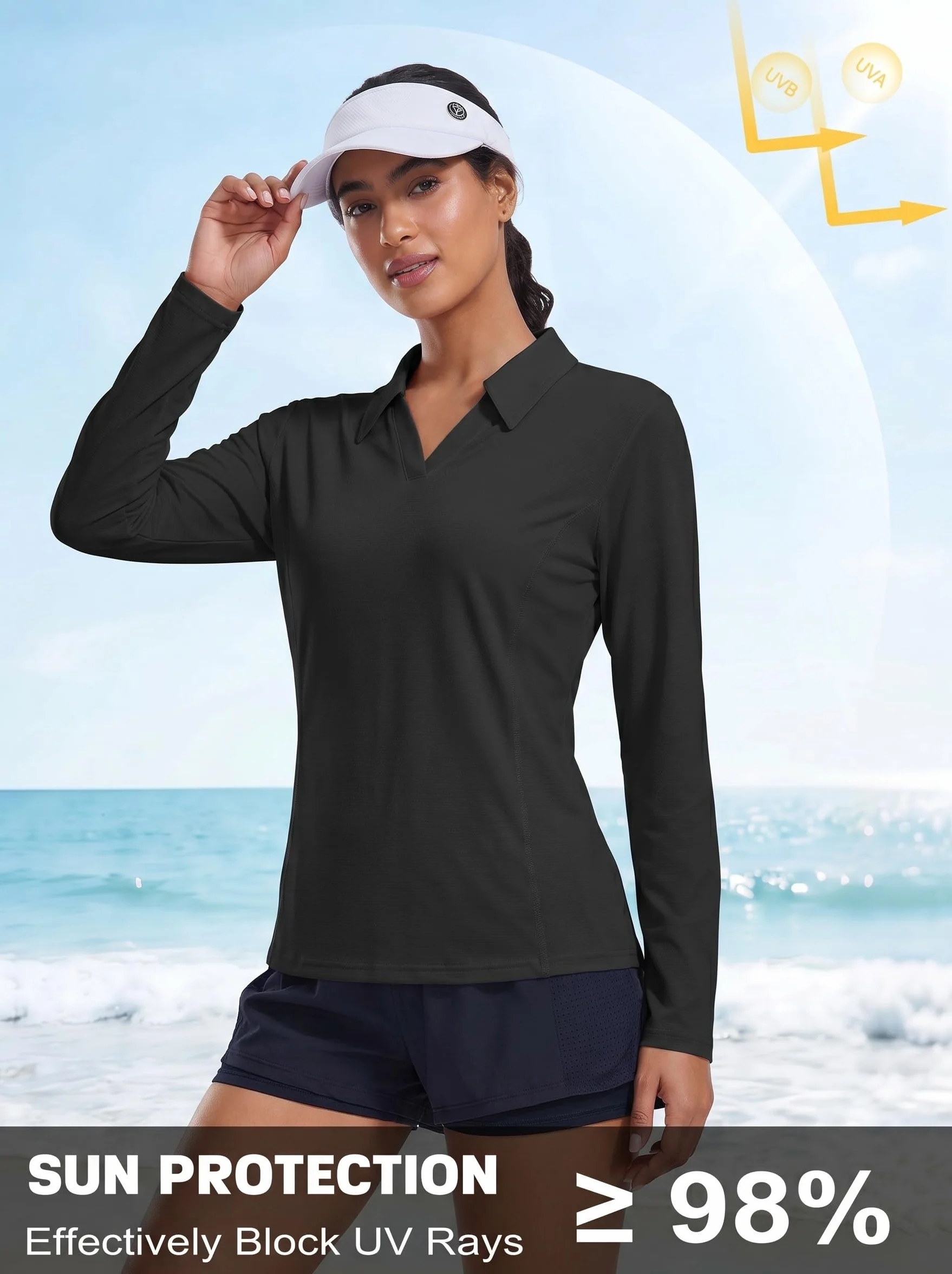 PINSPARK Sportowa koszulka damska z długim rękawem, dekolt w serek, kołnierz polo, UPF 50+, sportowy T-shirt, oddychający, do biegania, na siłownię, jogę