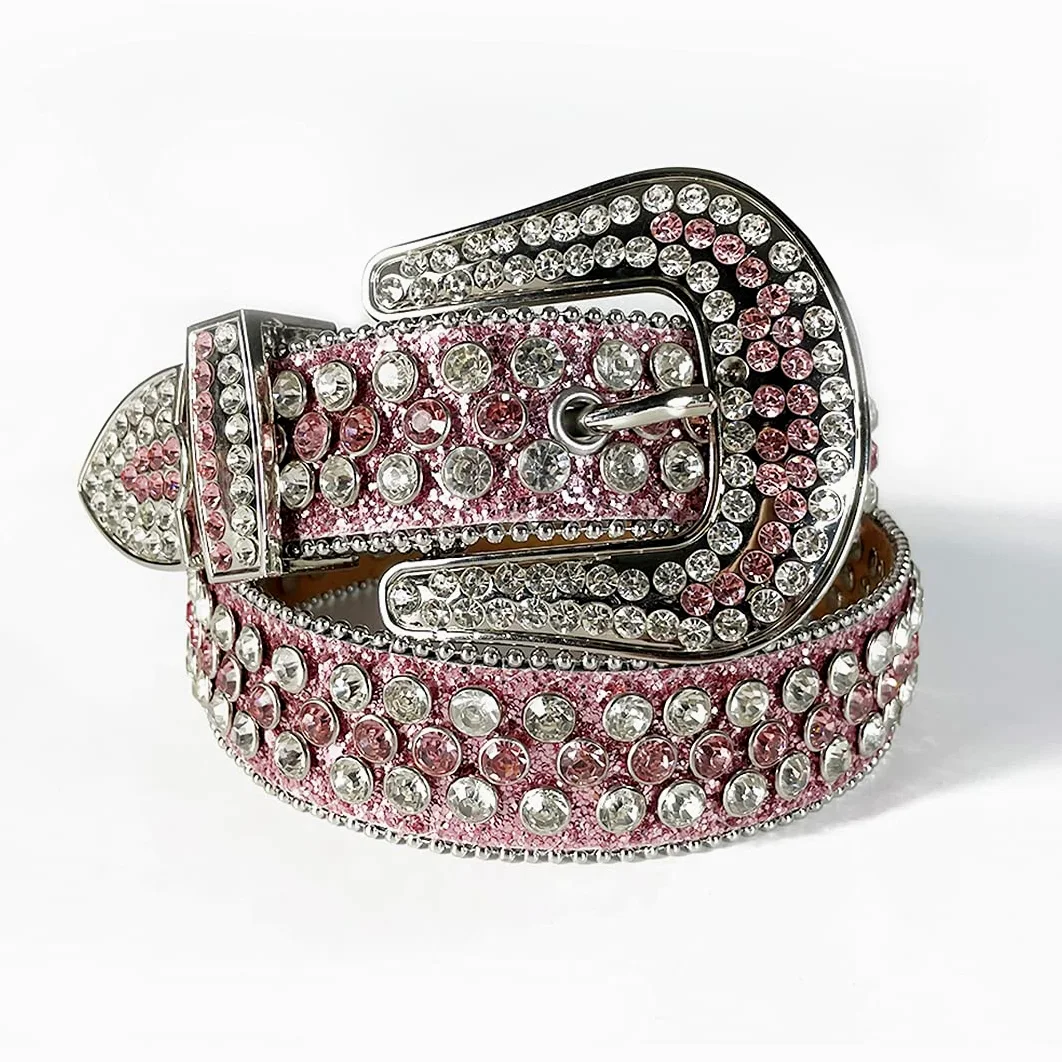 Różowy kryształ górski pasek damski męski jakość kryształ ćwiekowany pasek mężczyzna kobiety Ceinture Femme Cinto De strass do dżinsów deeracyjny różowy 96 cm