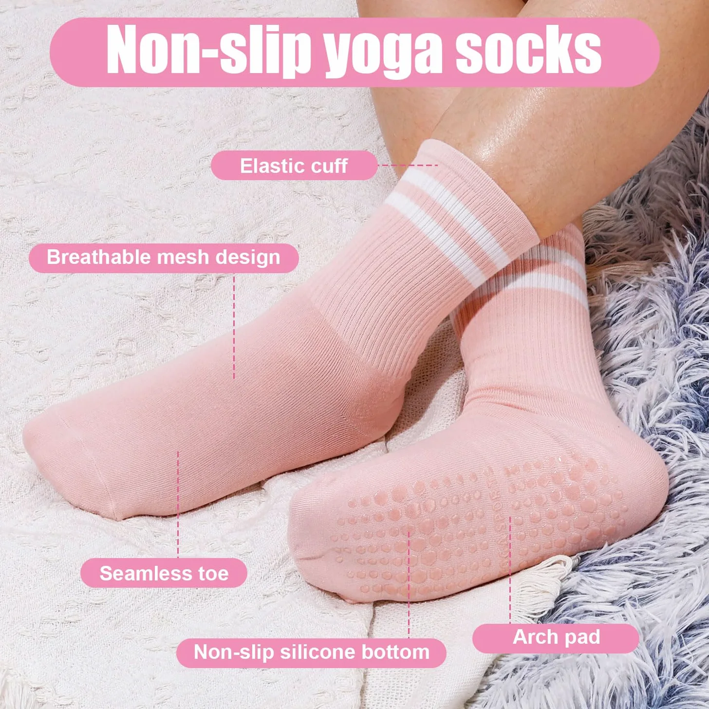 4 Pary Skarpetek Pilates, Skarpetki Pilates Grippy dla Kobiet Dlugie Antyposlizgowe Skarpetki do Jogi Skarpetki do Jogi z Uchwytami dla Kobiet Skarpetki do Jogi Skarpetki do Barre