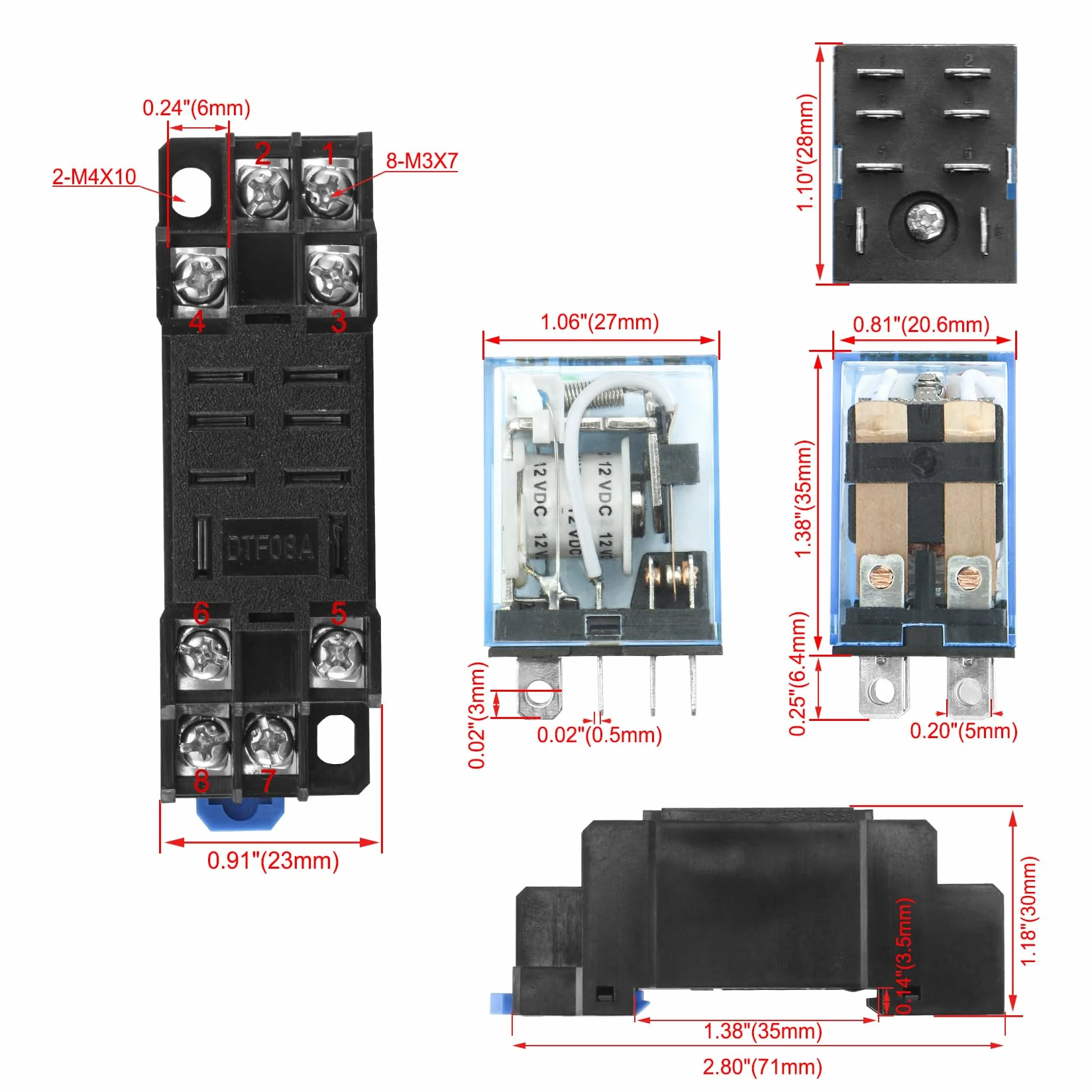 Heschen Przekaźnik uniwersalny LY2NJ, cewka 12 VDC, 10 A 24 VDC/220 VAC, DPDT, wyświetlacz LED, z podstawą cokołu