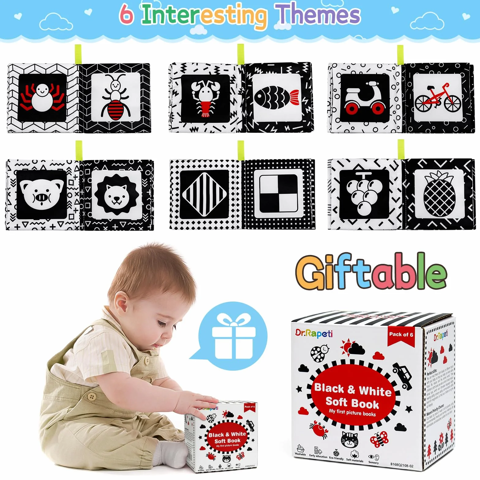 Dr.Rapeti 6 Pack Soft Books, Baby Soft Cloth Book, Sensory Book, Bath Book, Crinkle Soft Book, Black and White High Sensory Book, Washable Nontoxic Educational Learning Toy