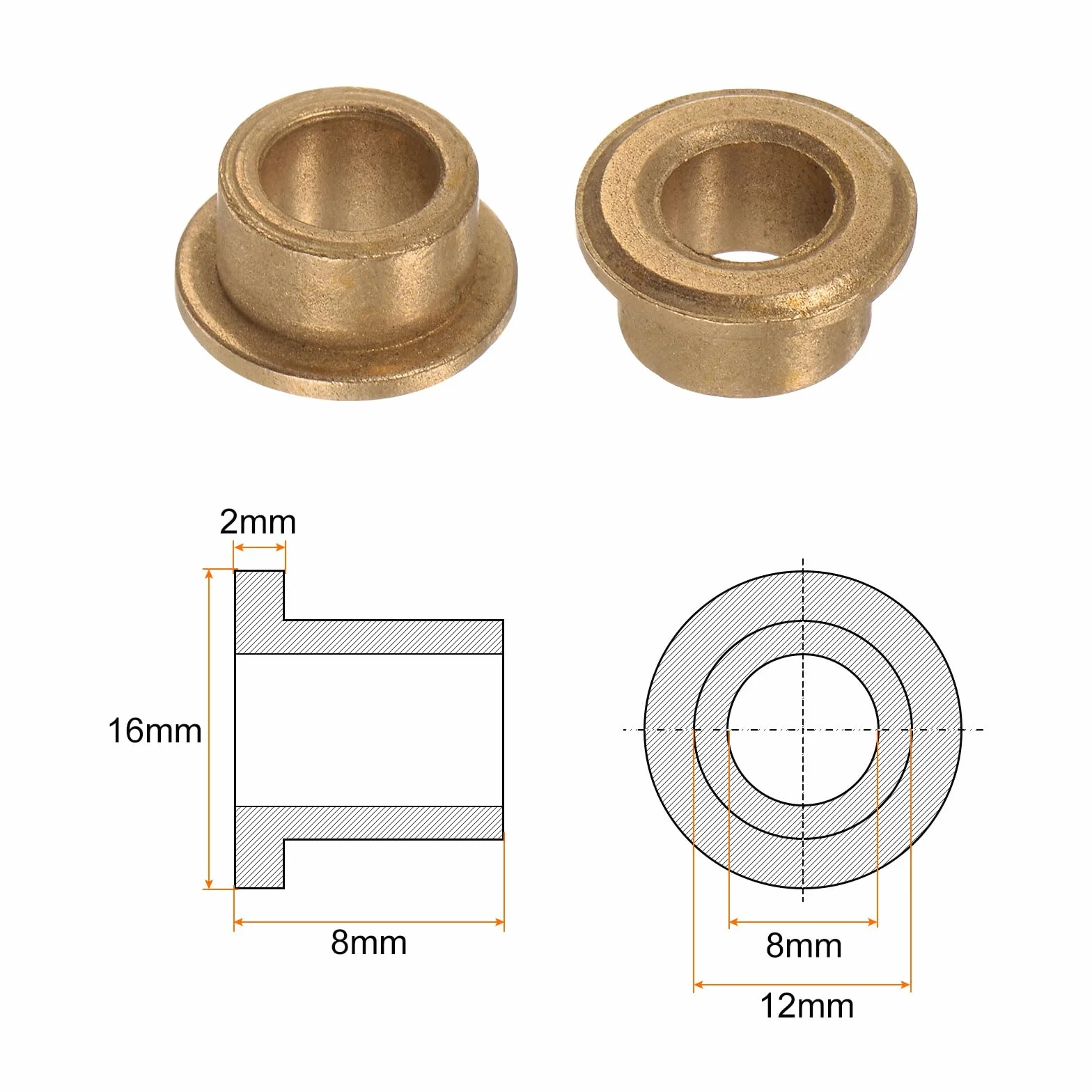 QUARKZMAN 6 sztuk Kołnierz Łożyska Tuleja 8mm Średnica 12mm OD 8mm Długość 2mm Kołnierz Grubość Brąz Tuleje Samo-Smarujące Tuleje Tuleje do Przemysłowych Sprzęt