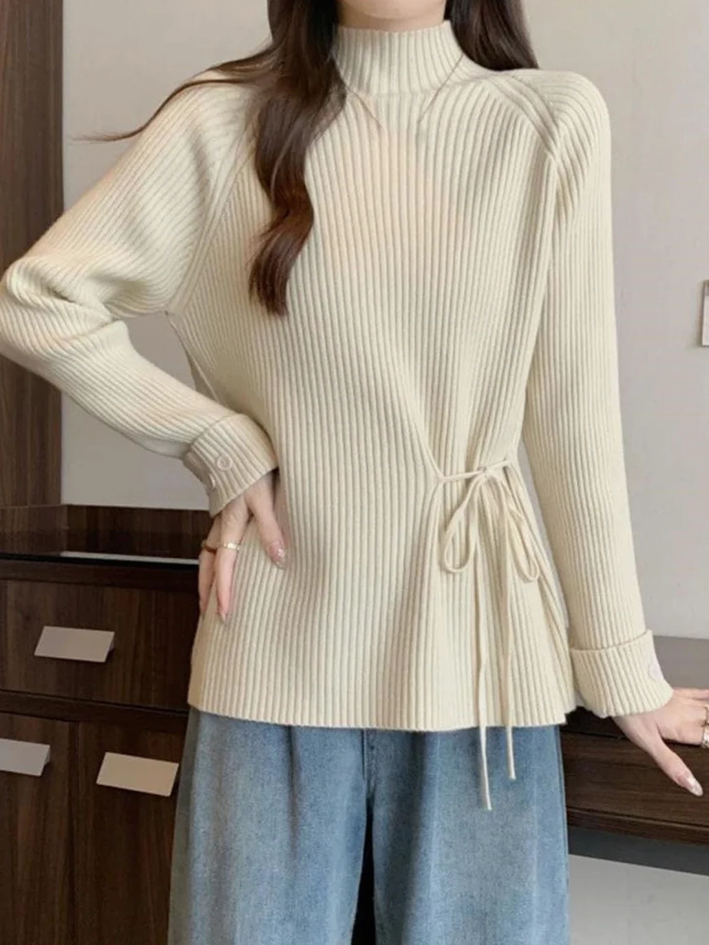 Sweter Damski Z Dzianiny, Z Półwysokim Dekoltem, Sznurowany, Z Długim Rękawem, Luźny, Swobodny, W Stylu Koreańskim-Black-Medium
