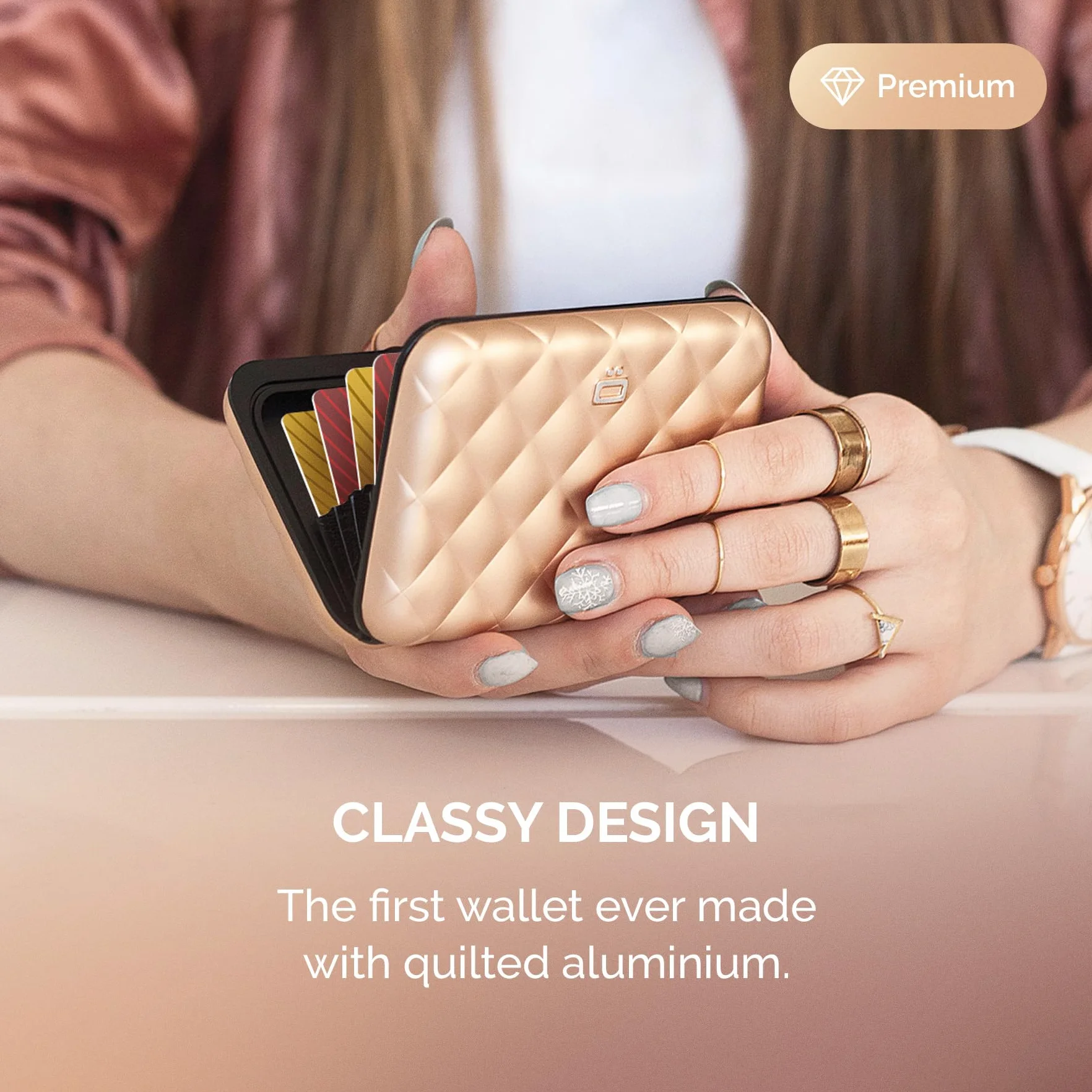 Ögon Inteligentne portfele - Aluminiowy portfel Quilted Button - Kobiety - Etui na karty blokujące RFID - Do 10 kart i banknotów (różowe złoto)