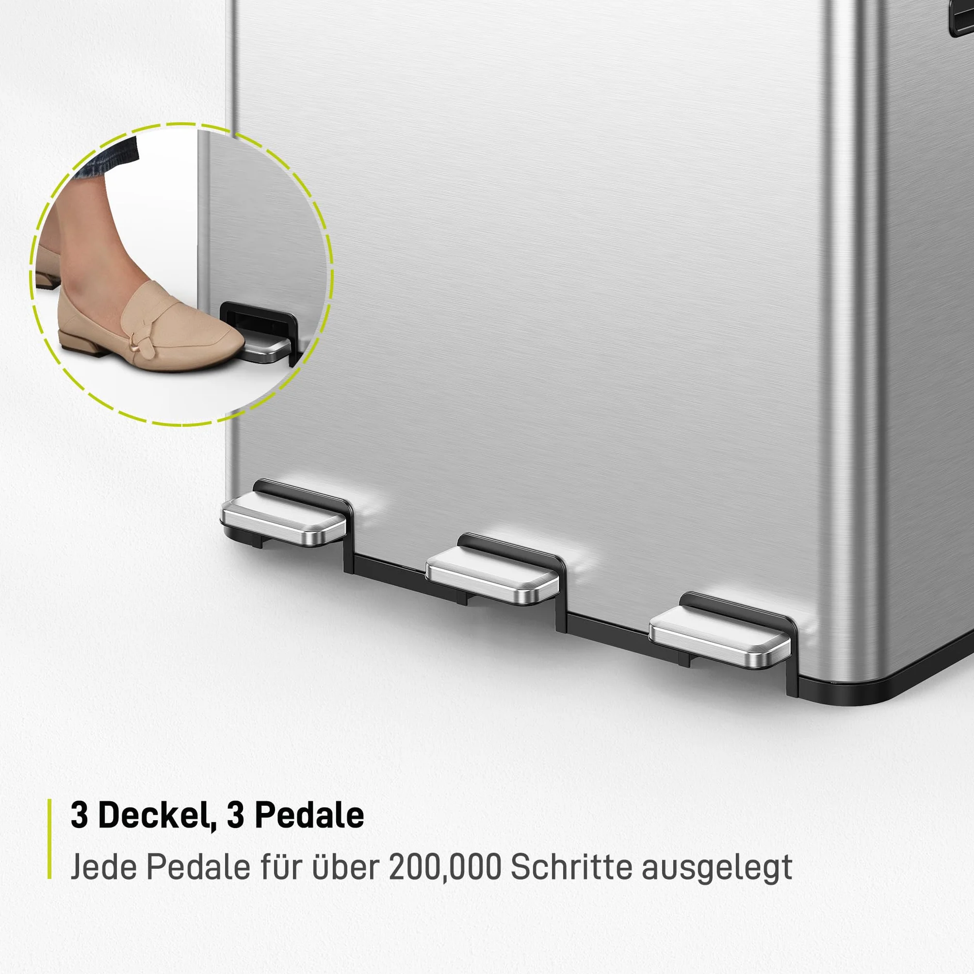 EKO Essential kosz na śmieci z 3 przegródkami, 3 x 20 l, system segregacji śmieci, w zestawie 20 worków na śmieci, duży kosz na śmieci z pokrywką, delikatne zamykanie i hermetyczny, szczotkowana stal