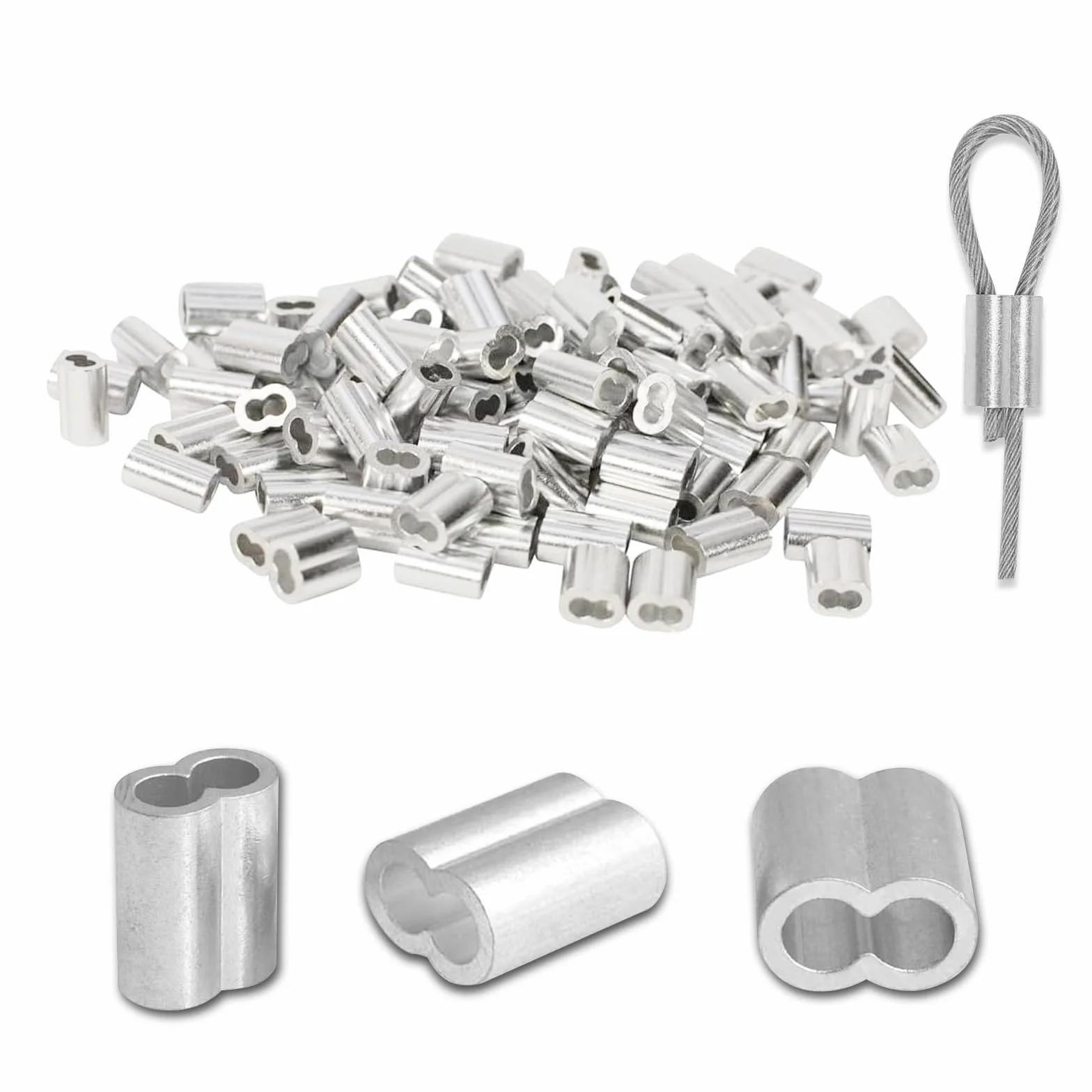 Zaciski linowe 2 mm/3 mm/4 mm, 150 sztuk tulejek aluminiowych, zacisków zaciskowych, złączki linowe, podwójne tulejki, zaciski zaciskowe do łączników linowych, linka stalowa, kabel