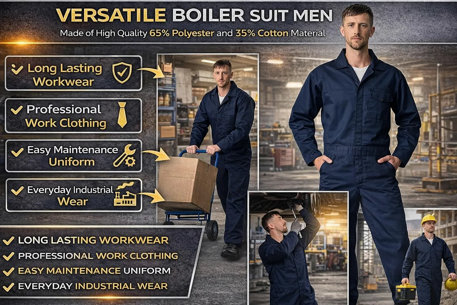 GRS Męski kombinezon unisex C2 Dark Navy Boiler Suit Navy Overall do studentów warsztatu (różne rozmiary: XS - 3XL)