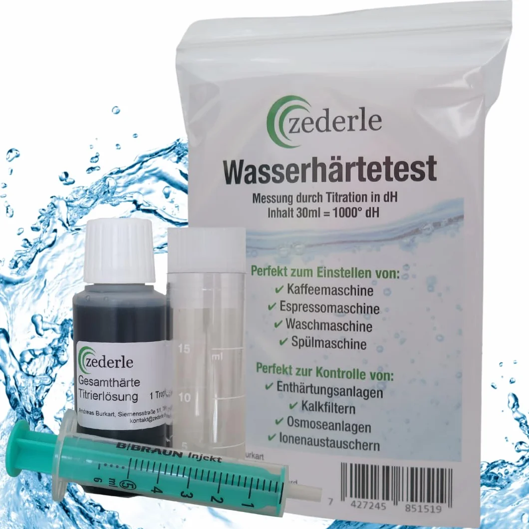 zederle Zestaw do testowania twardości wody 1 x 30 ml (odpowiada 1000 kropli) – bardzo wydajny, 40-500 pomiarów – szybki, łatwy i precyzyjny pomiar twardości wody – test twardości Made in Germany