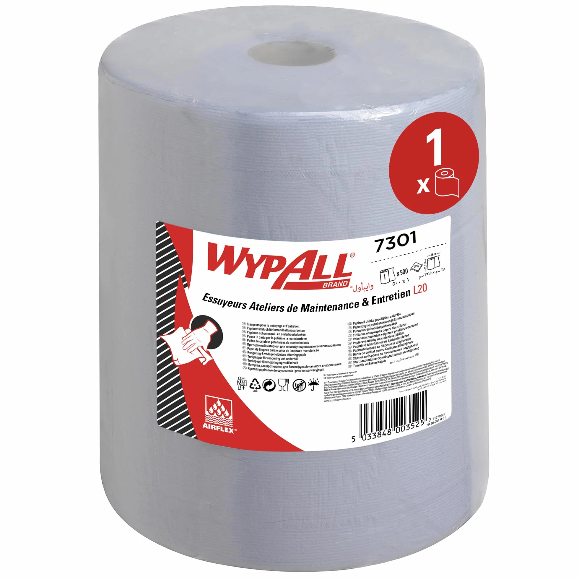 Papier do wycierania WypAll L20 do czyszczenia i konserwacji 7301 - Bardzo szeroki - 1 niebieska rolka czyściwa x 500 papierowych ściereczek (łącznie 500)