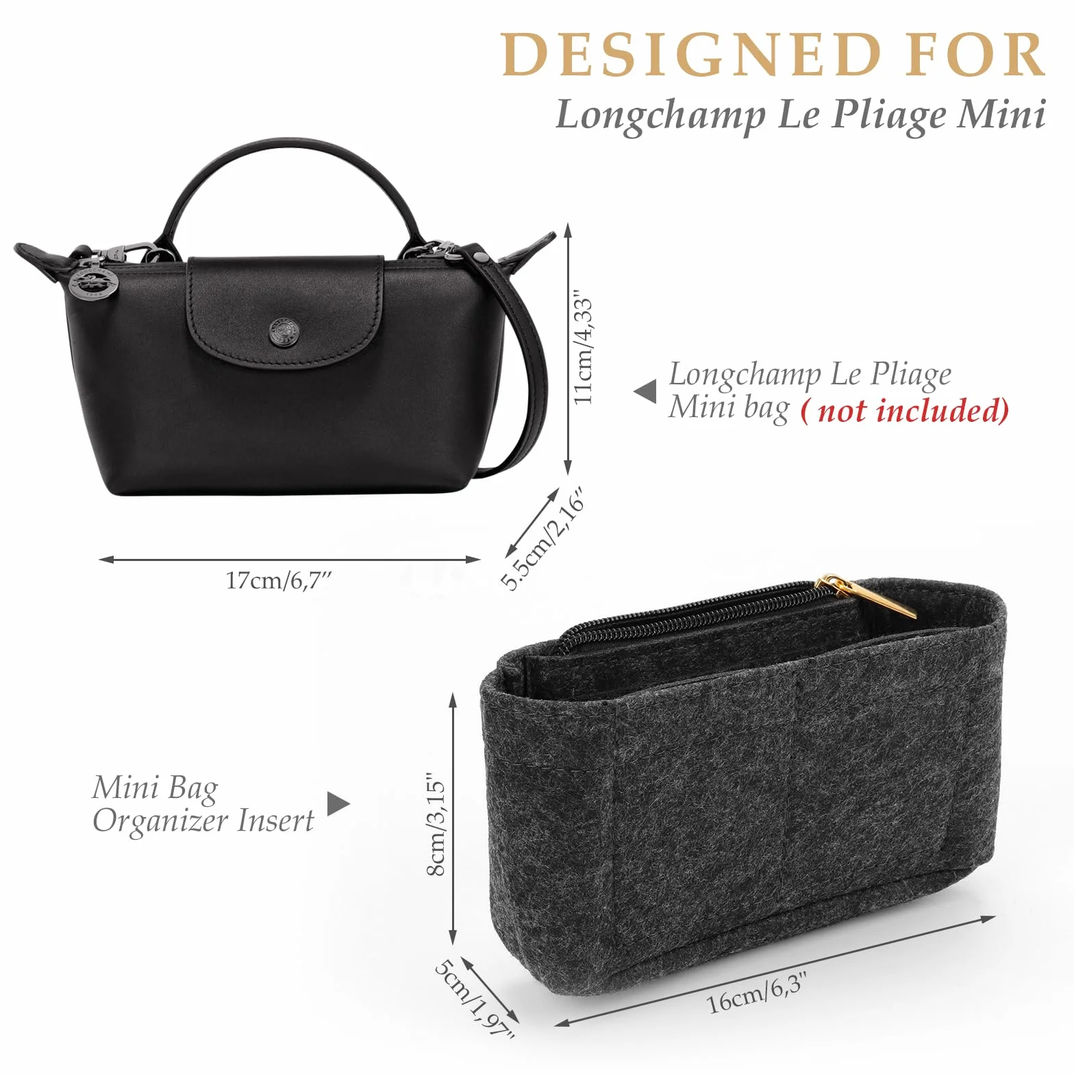 Organizer do torebki Longchamp Le Pliage, z filcu, z wielofunkcyjnymi kieszeniami, duża pojemność, Ciemnoszary mini
