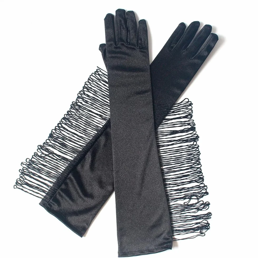 krautwear Damskie rękawiczki wieczorowe o długości do łokci satynowe rękawiczki z frędzlami (49 cm) - czerwony/czarny/biały