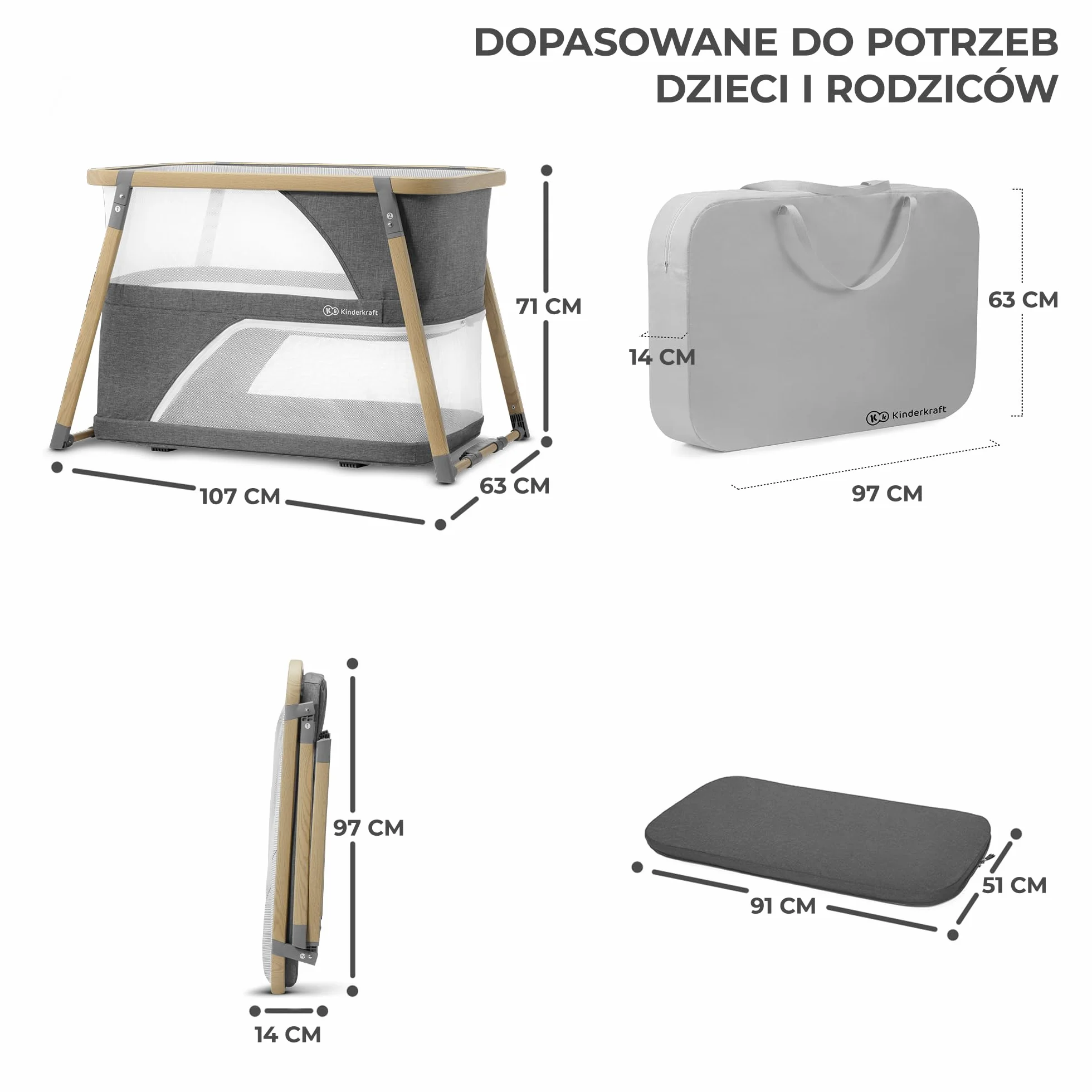 Kinderkraft Łóżeczko turystyczne 4w1 SOFI, Łóżko dziecięce, Kojec, Kołyska, Funkcja bujania, Szybkie składanie i rozkładanie, Dwa poziomy, Bezpieczny dla dziecka, Materac i Torba do transportu