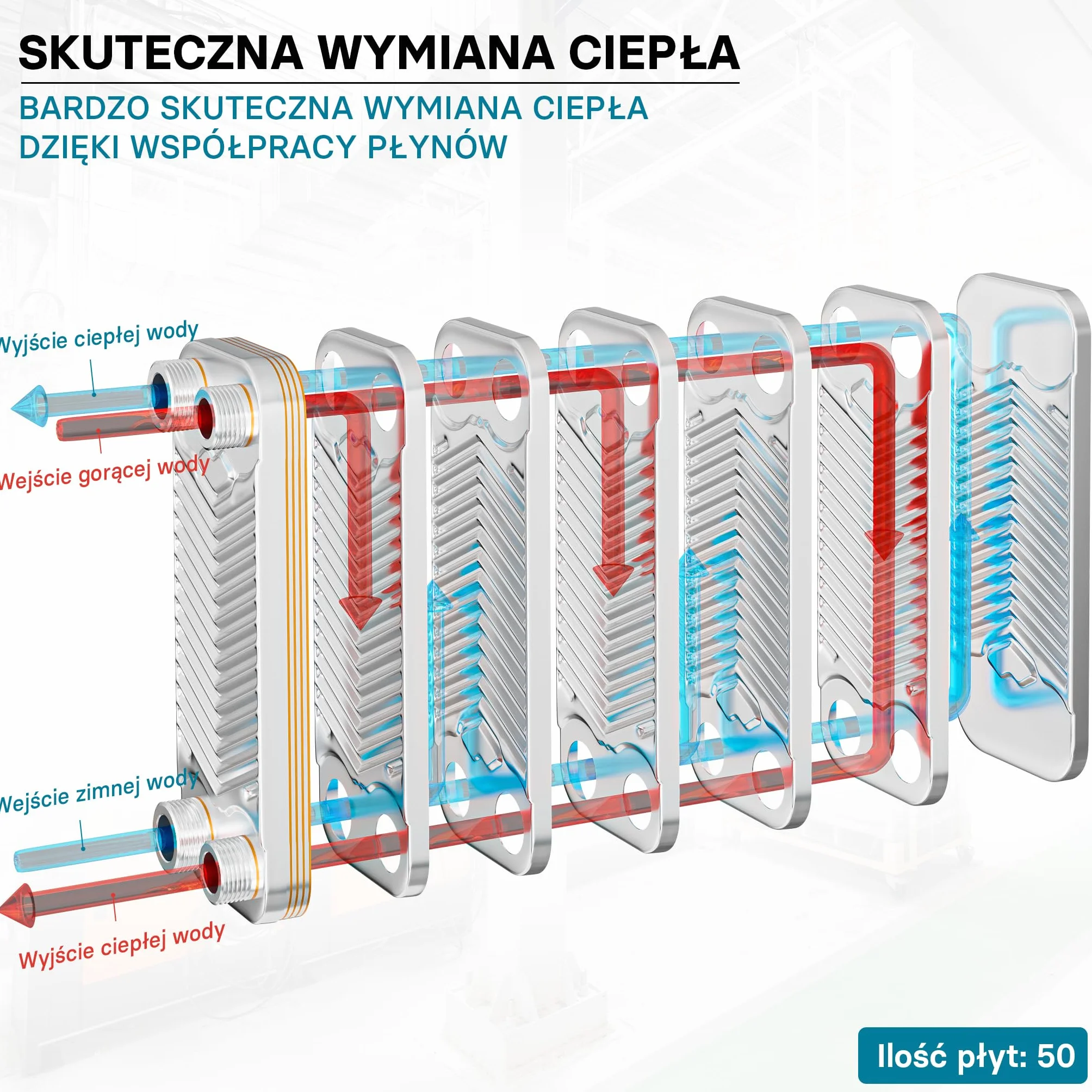 Wiltec Wymiennik płytowy 50 płyt, maks. 90 kW, maks. przepływ 4 m³/h, objętość 0,99 l, ze stali nierdzewnej do przekazywanie ciepła