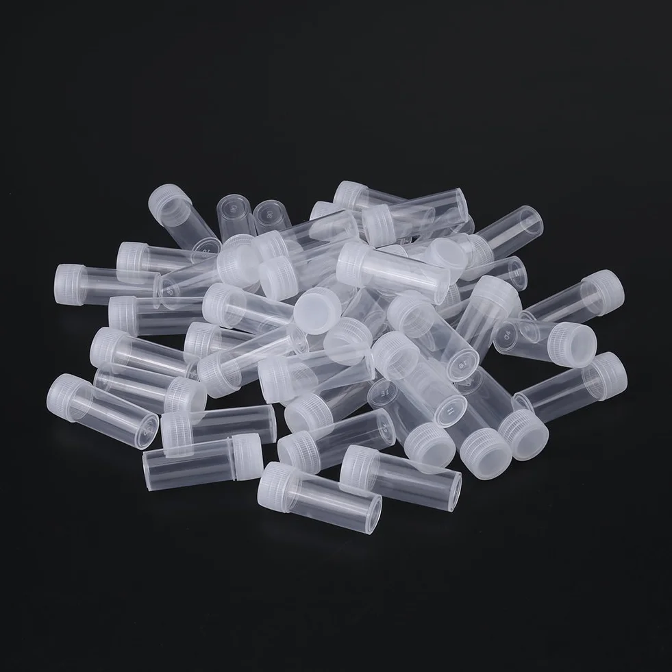 50szt 5ml Plastikowe butelki na próbki, małe, przezroczyste butelki, podróżne plastikowe probówki, nakrętki do fiolek, przezroczyste nakrętki z uszczelką