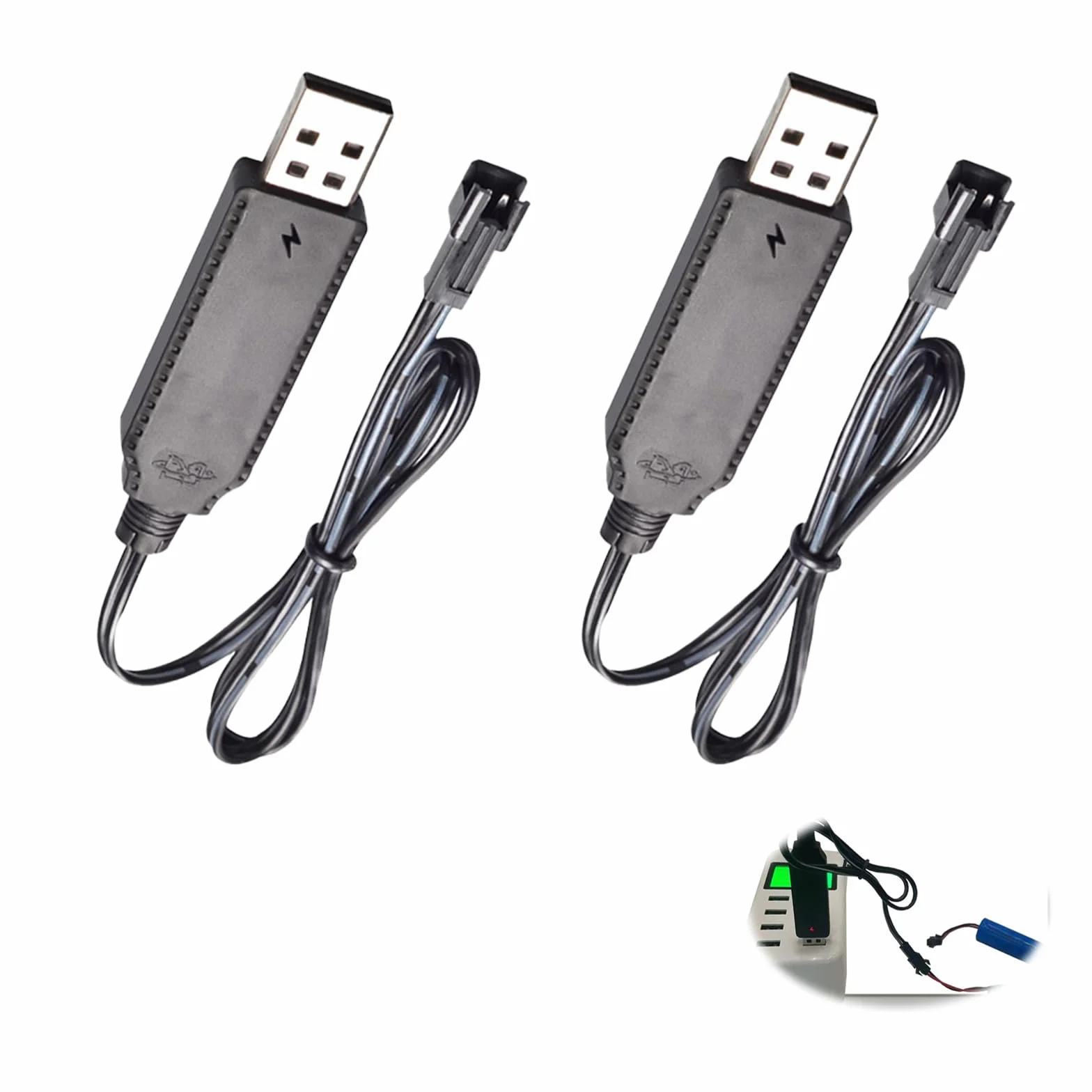 2 szt. Kabel USB do ładowania, akumulator litowo-jonowy 3,7 V z kablem ładującym USB Złącze SM 2P Wskaźnik LED do zabawek RC Samochodów Ciężarowych Drony Łodzie i samolotów Zdalnie sterowanych łodzi