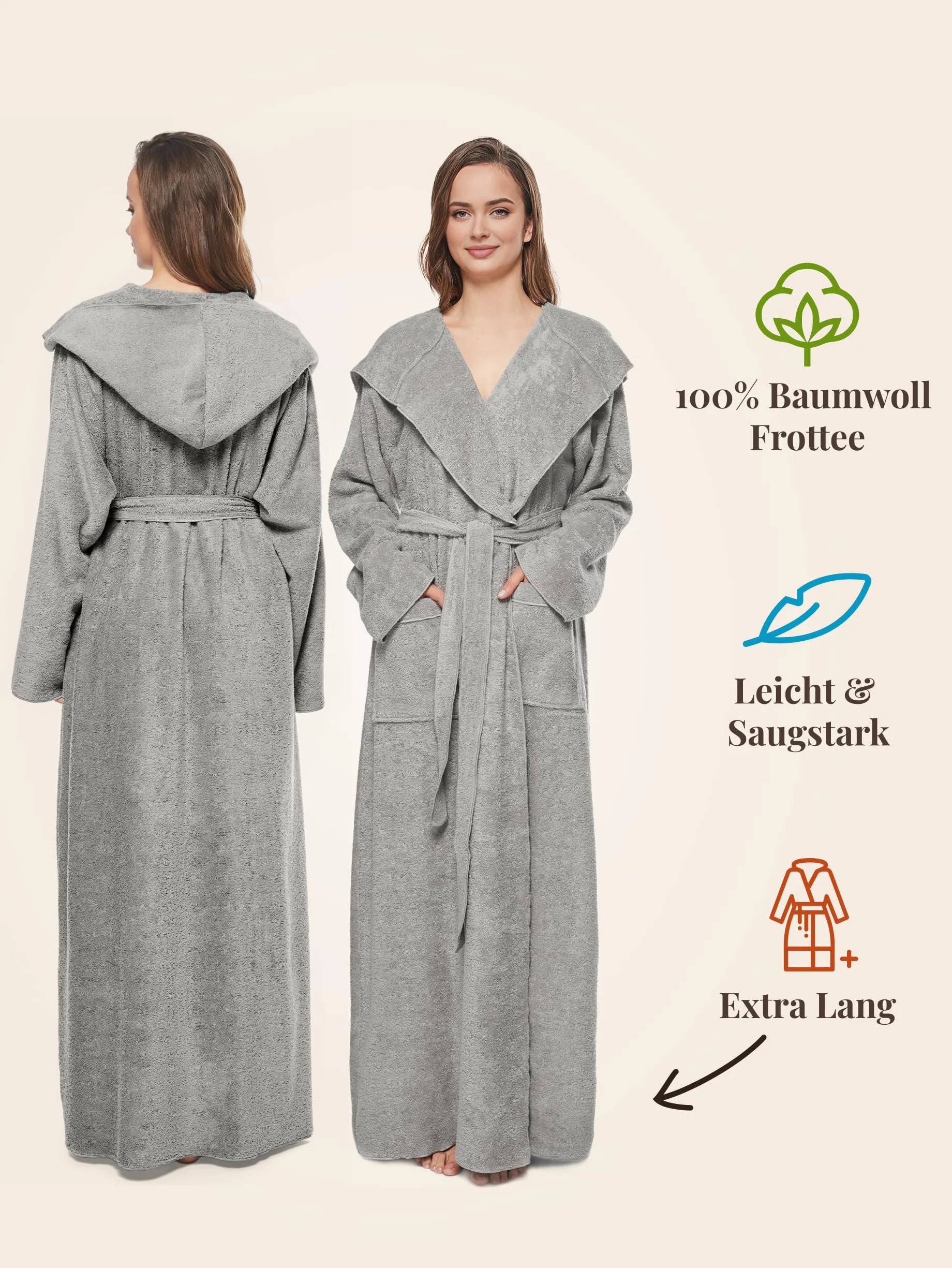 Damski szlafrok kąpielowy bawełniany 340 g/m² z kapturem Öko-Tex frotte