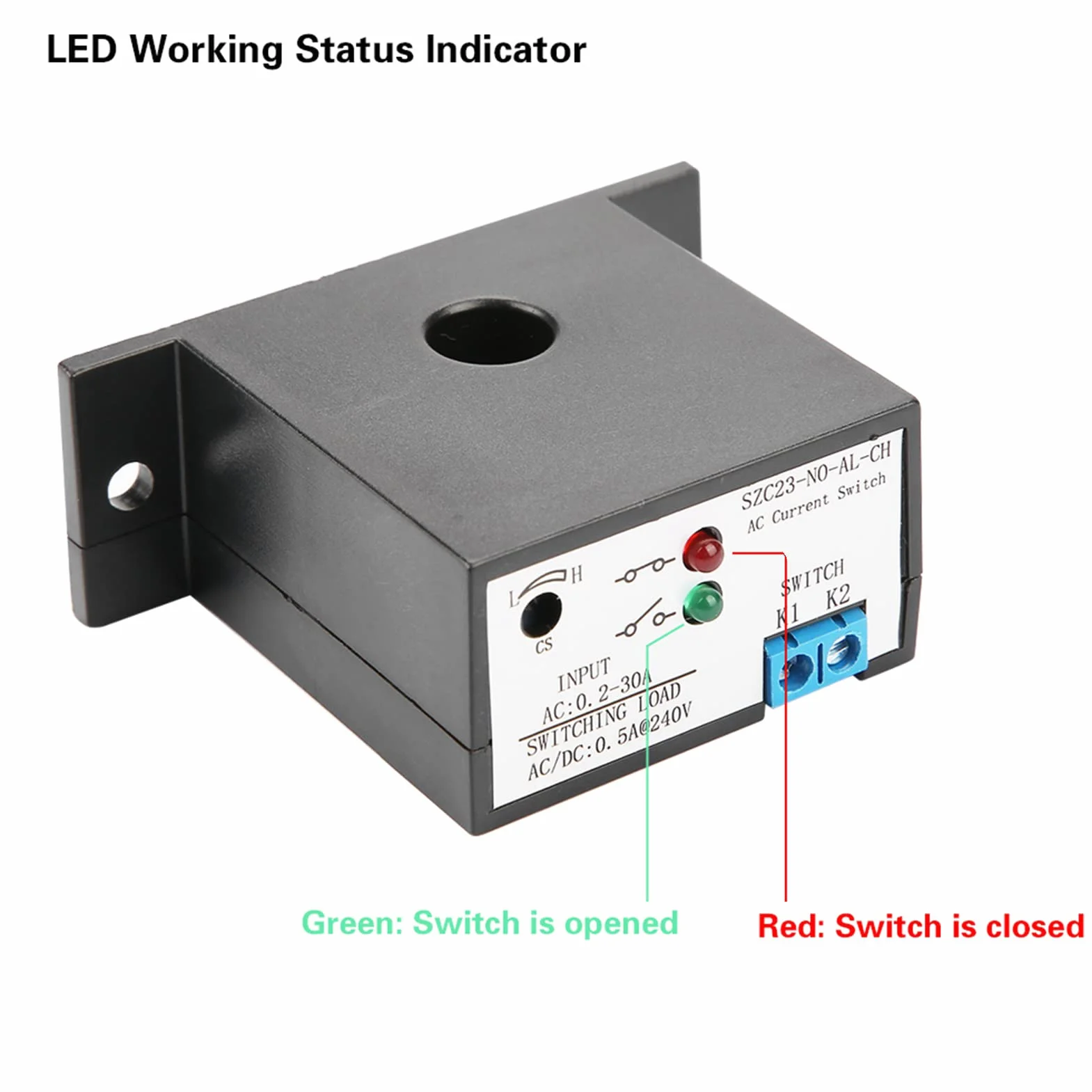 Current Sensing Switch, Normally Open Sensing Control Switch Adjustable AC 0.2-30A SZC23-NO-AL-CH IP30 Waterproof