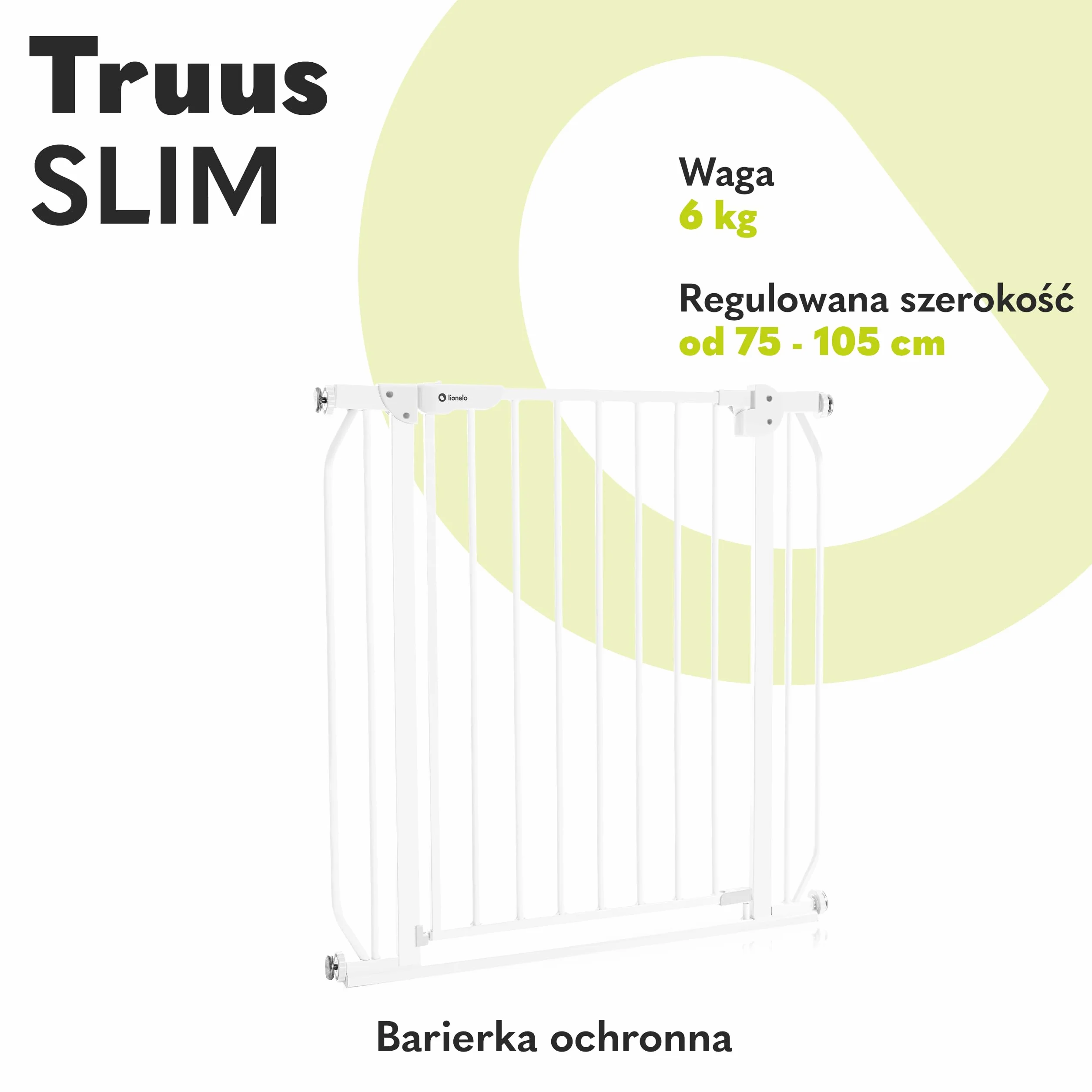 LIONELO Truus Slim kratka ochronna do drzwi dla niemowląt, do zaciskania 75-105 cm, biała, 5 kg, regulowana szerokość, silikonowe osłonki, funkcja AutoStop i samozatrzasku