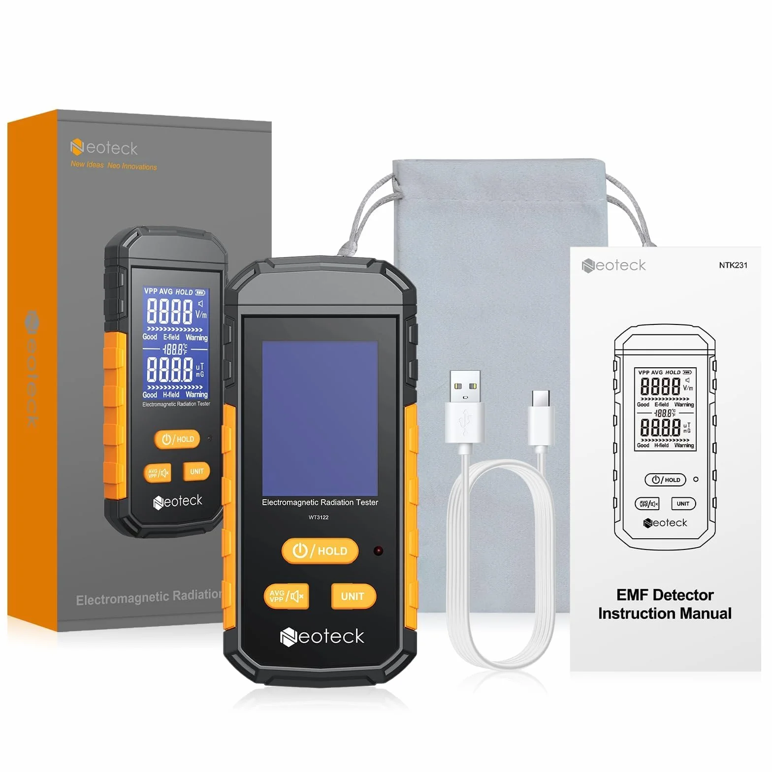 Neoteck Miernik EMF 3 w 1 Akumulator elektromagnetyczny detektor promieniowania z ekranem LCD Licznik promieniowania alarmu akustycznego pola elektrycznego do kuchni, biura, fabryki