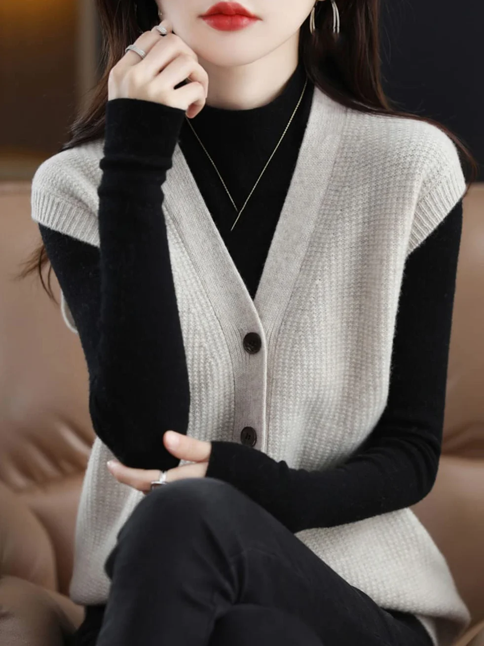 Damski sweter rozpinany bez rękawów 100% wełny dzianinowy kamizelka Gn L