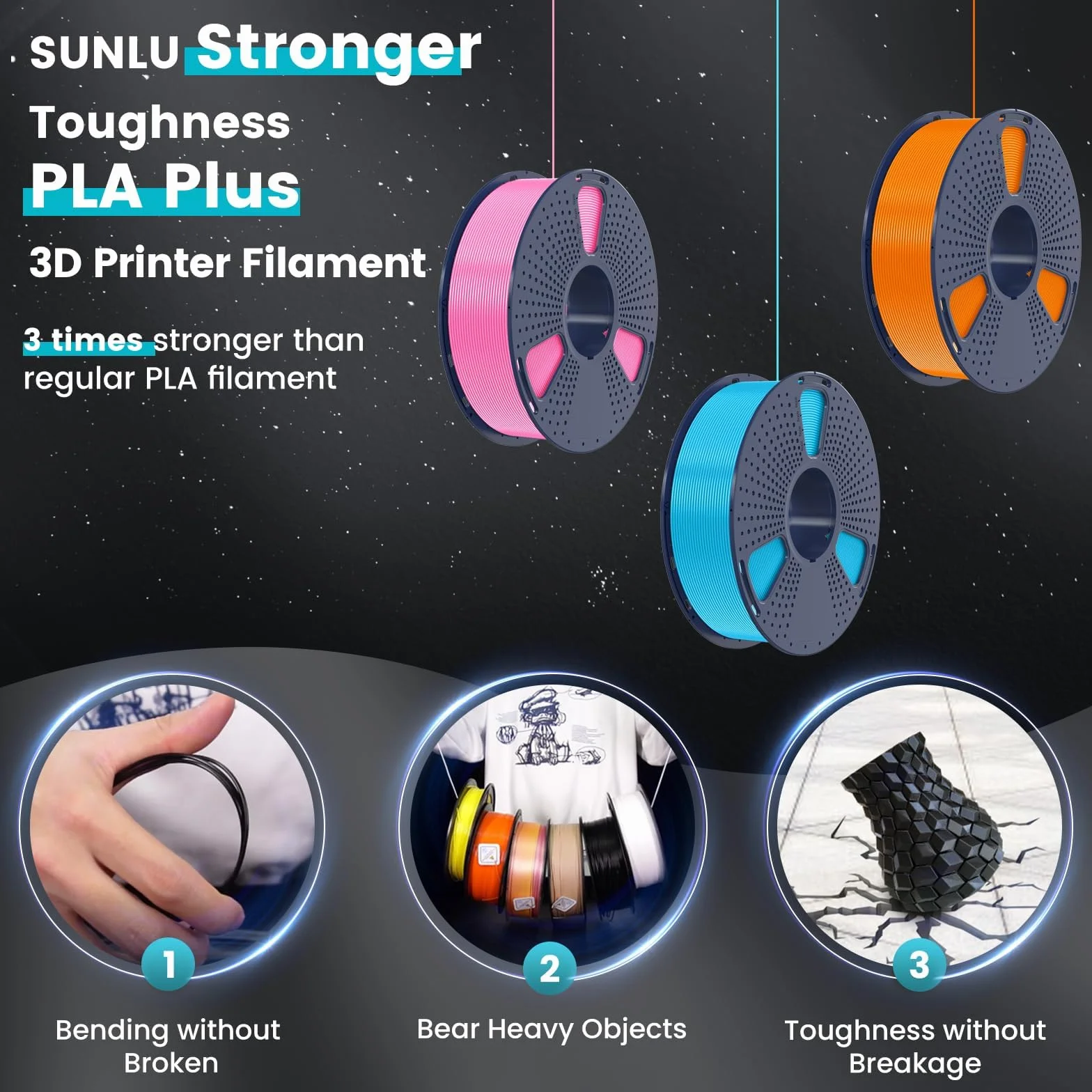 SUNLU 4KG PLA+ Filament, PLA Plus do drukarek 3D 1,75mm ±0,02mm, lepsza odporność, 1 kg na szpulę, 4 sztuki, kolor: czarny+oliwkowy+szary+żółty