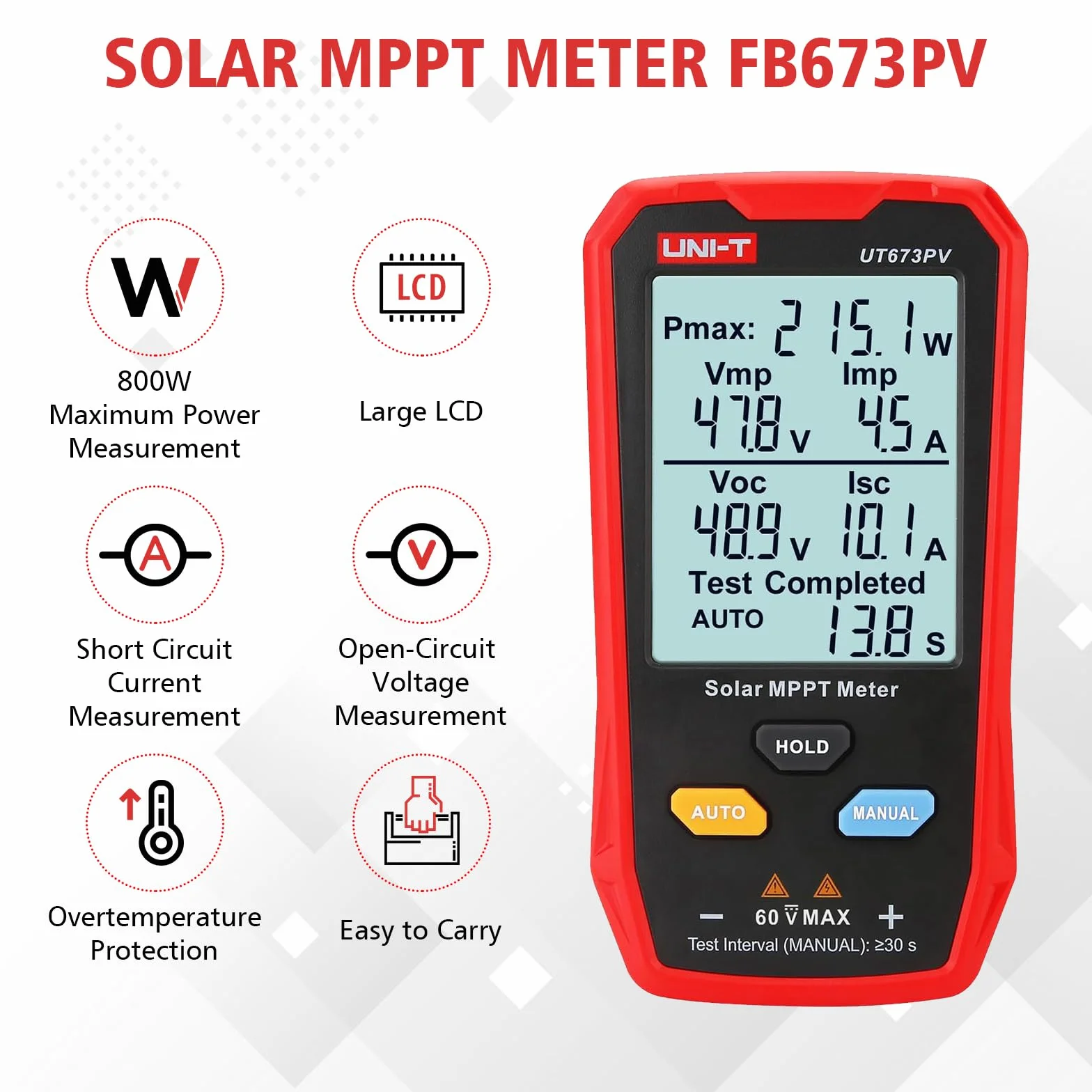 UT673PV tester paneli słonecznych, 800 W, multimetr fotowoltaiczny z wyświetlaczem LCD, fotowoltaicznym panelem słonecznym, tester mocy, inteligentny MPPT rozwiązywanie błędów napięcia jałowego, nie