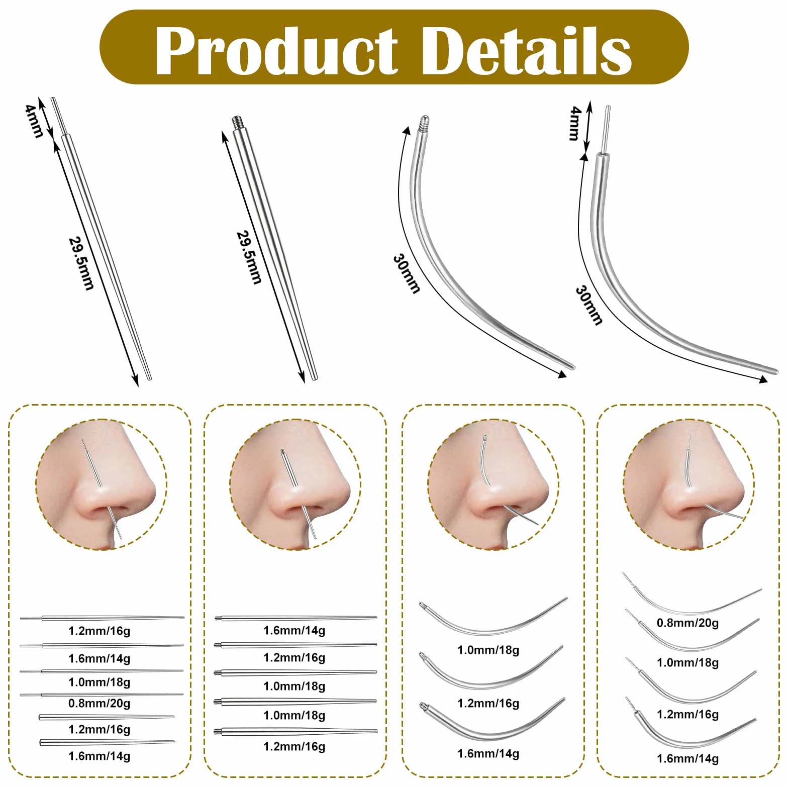 Tucnoeu 18 sztuk igieł do piercingu, 14 – 20 g, pomoc do piercingu, stal nierdzewna, pomoc w wprowadzaniu do uszu, nosa, warg, pępka i wielu innych