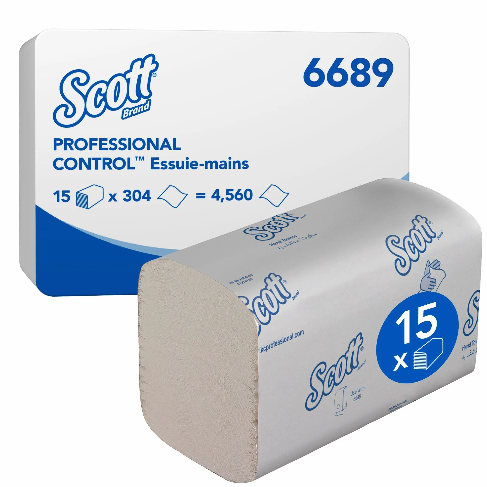 Ręczniki do rąk składane naprzemiennie Scott Performance 6689 — 15 opakowań x 274 białych, 1-warstwowych arkuszy, w rozmiarze małym